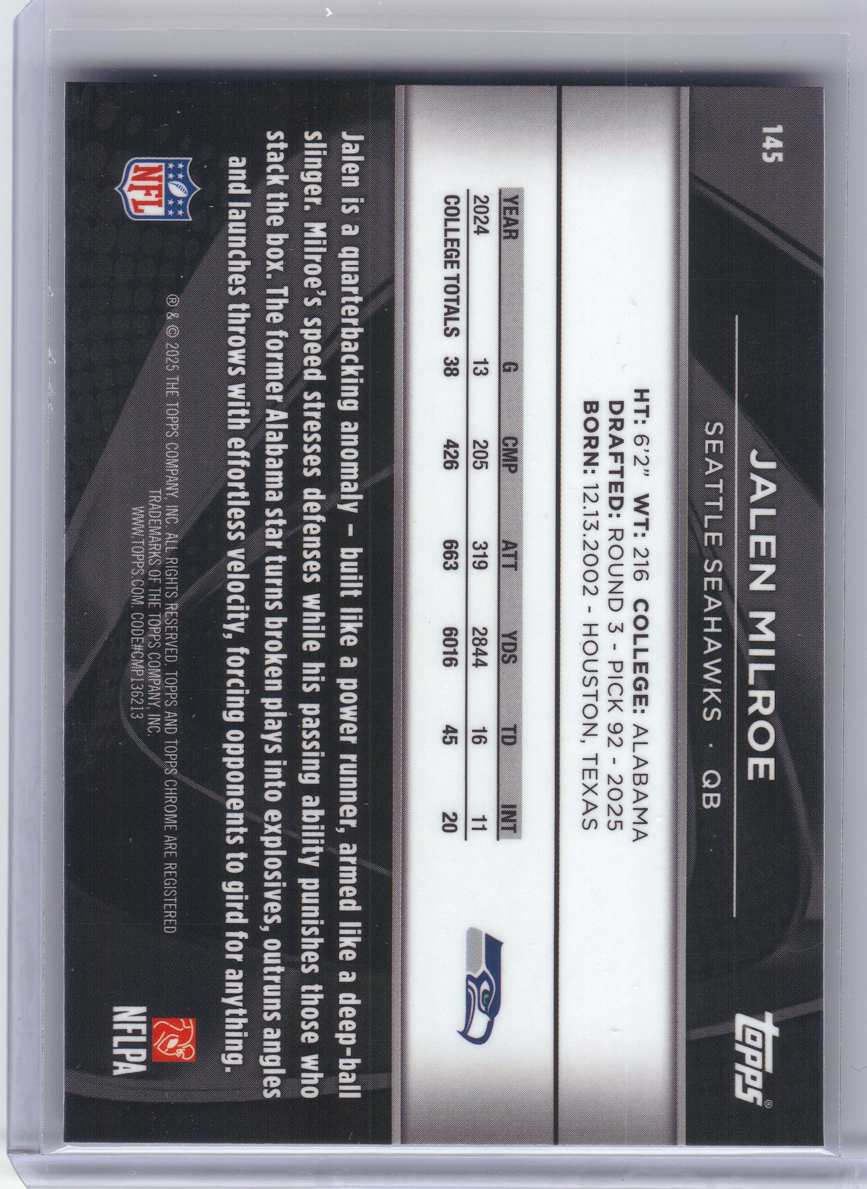 2025 Topps Chrome Black #145 Jalen Milroe Seattle Seahawks RC