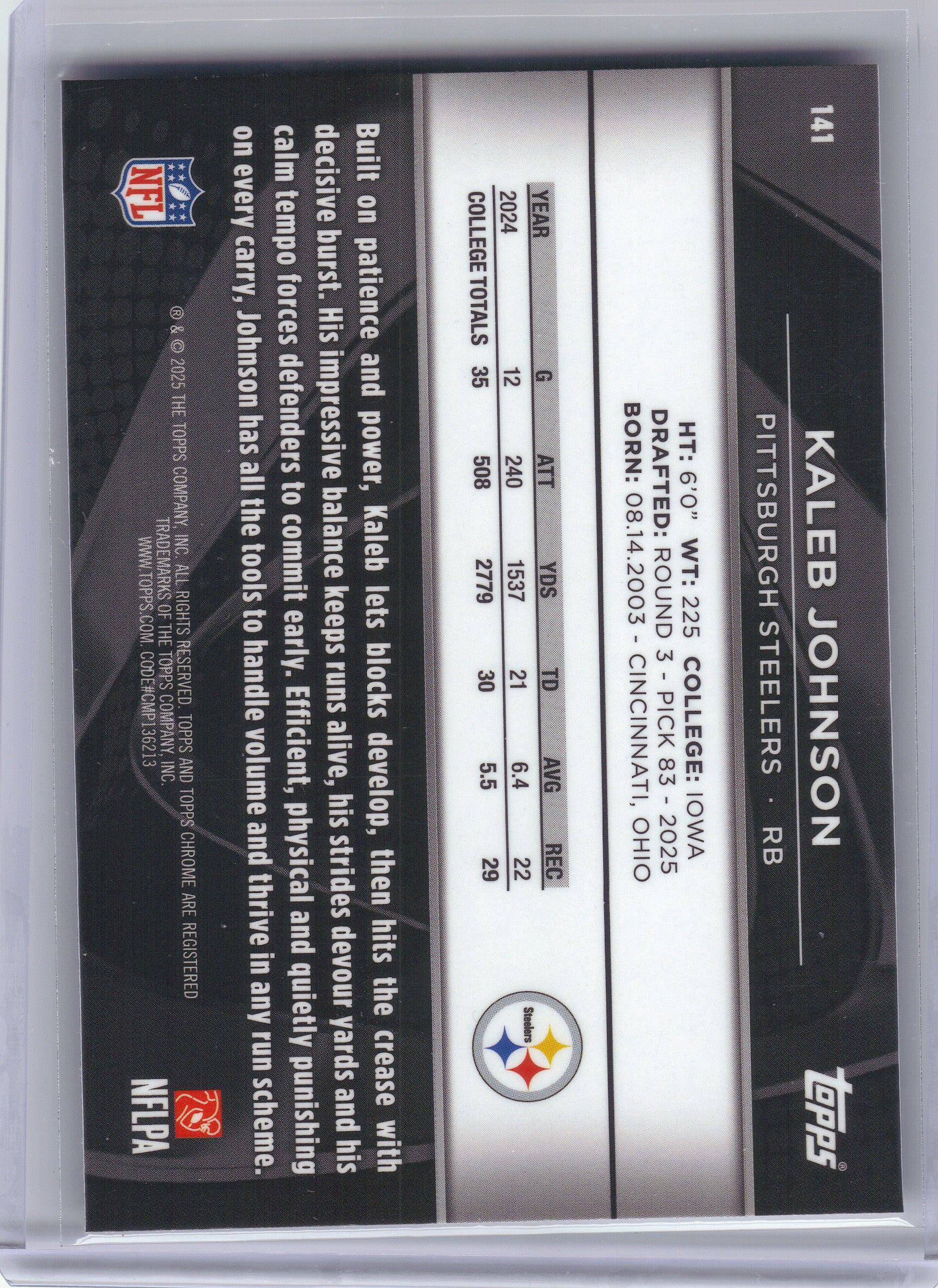 2025 Topps Chrome Black #141 Kaleb Johnson Pittsburgh Steelers RC