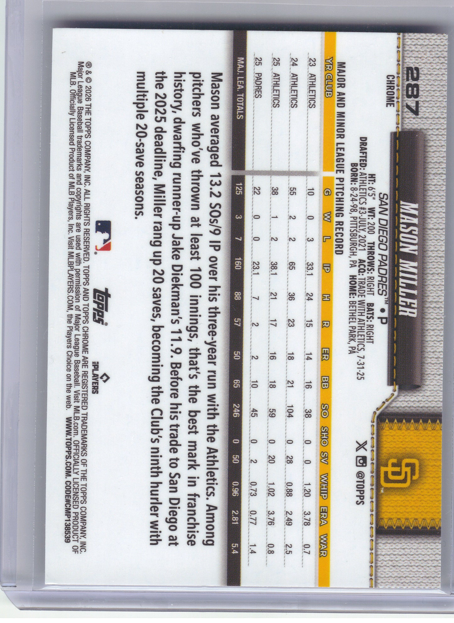 2026 Topps Chrome #287 Mason Miller X-Fractors San Diego Padres