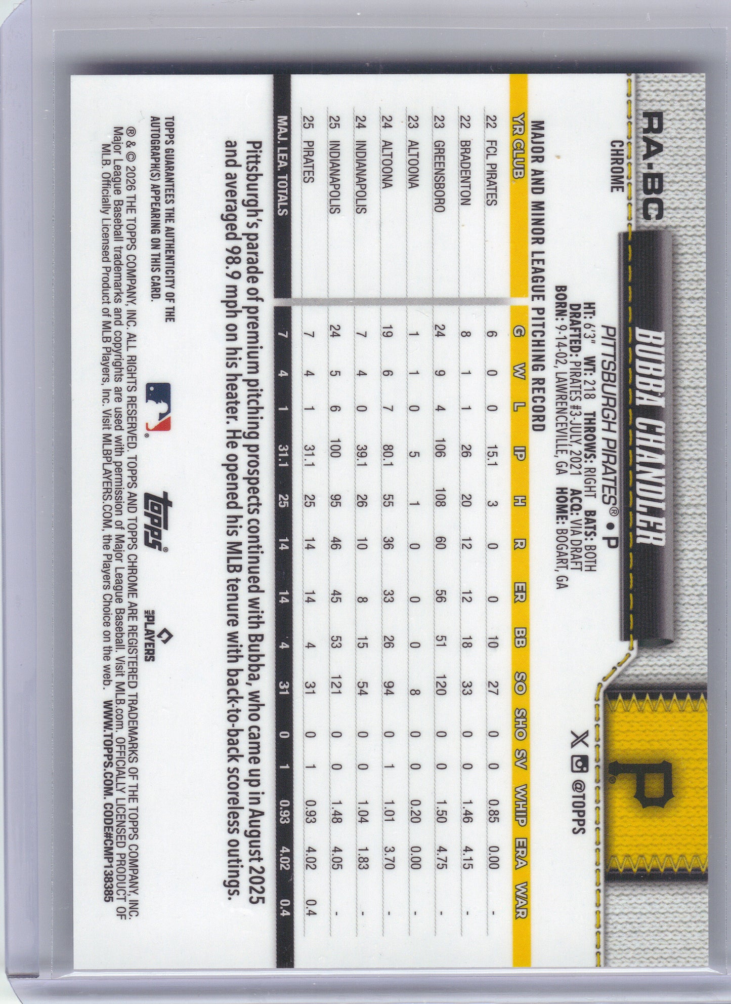 2026 Topps Chrome #RA-BC Bubba Chandler Rookie Autographs Pittsburgh Pirates AU