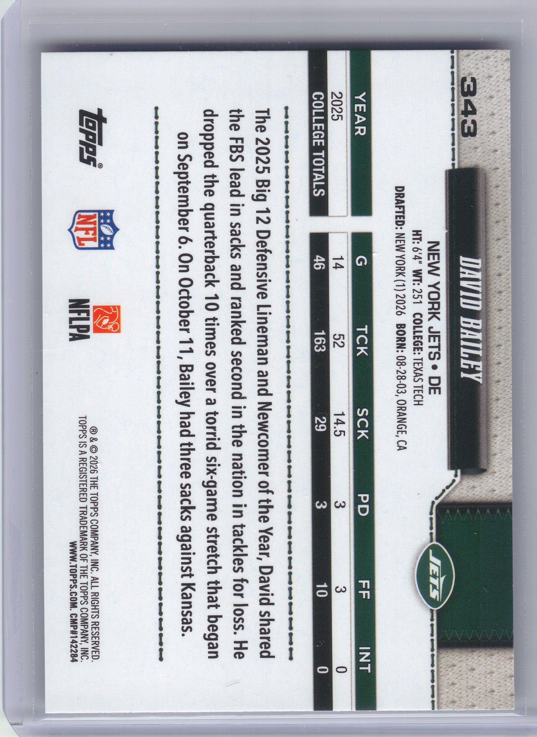 2026 Topps Flagship #343 David Bailey New York Jets RC
