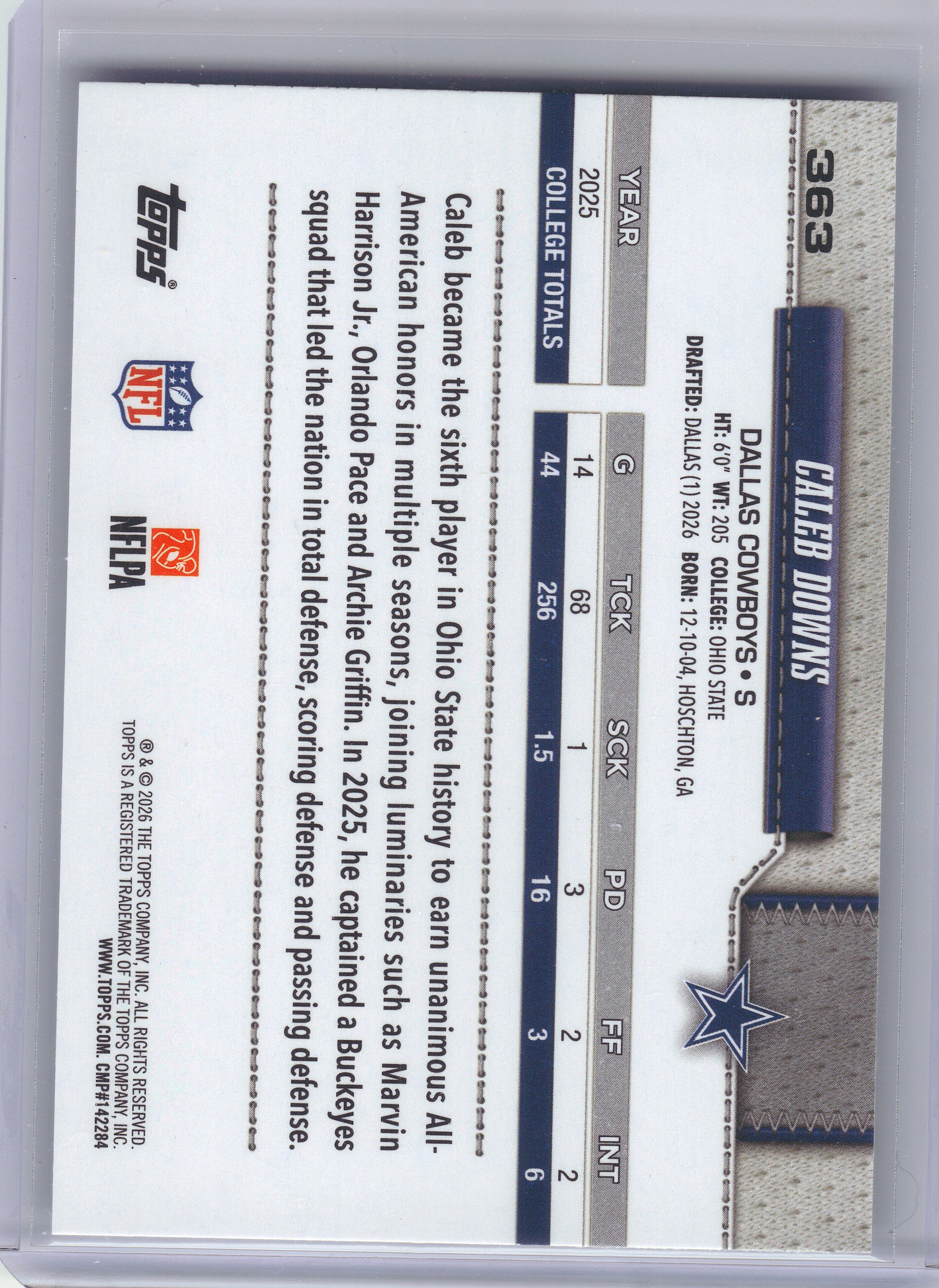 2026 Topps Flagship #363 Caleb Downs Dallas Cowboys RC