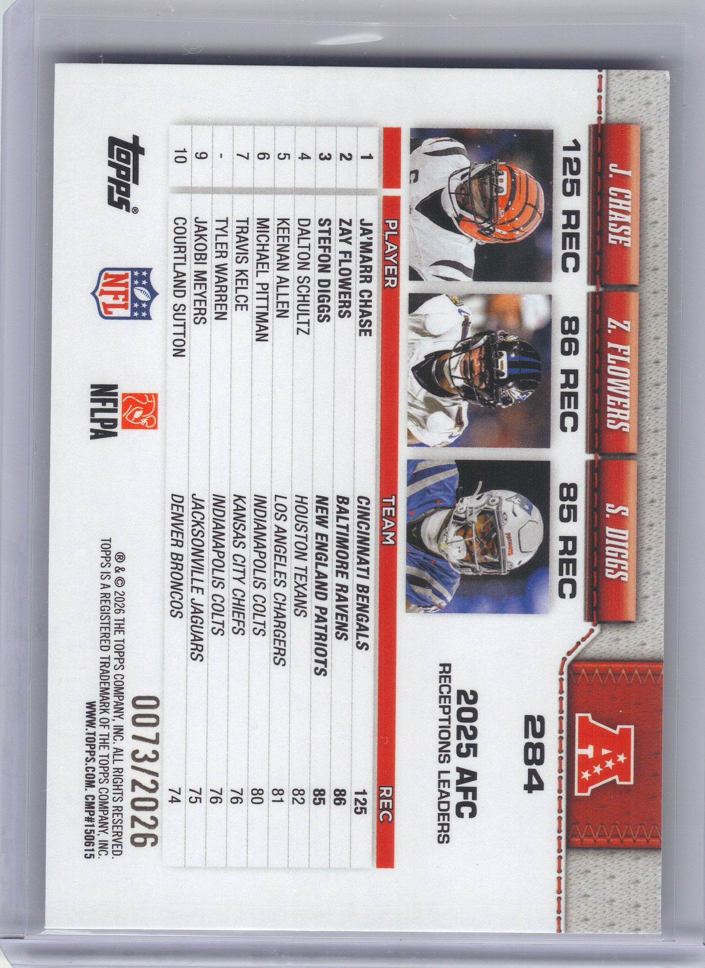 2026 Topps Flagship #284 AFC Receiving Leaders (Stefon Diggs / Ja’Marr Chase / Zay Flowers) Gold #/2026 SN