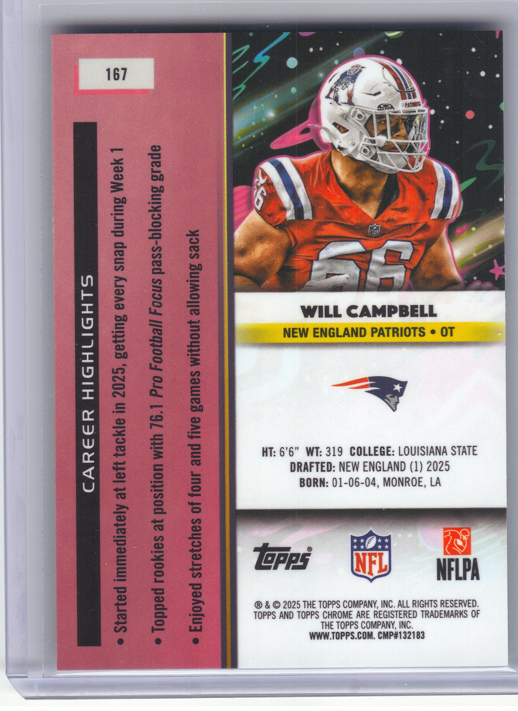 2025 Topps Chrome Cosmic #167 Will Campbell Green Space Dust Refractor #/75 New England Patriots SN, RC