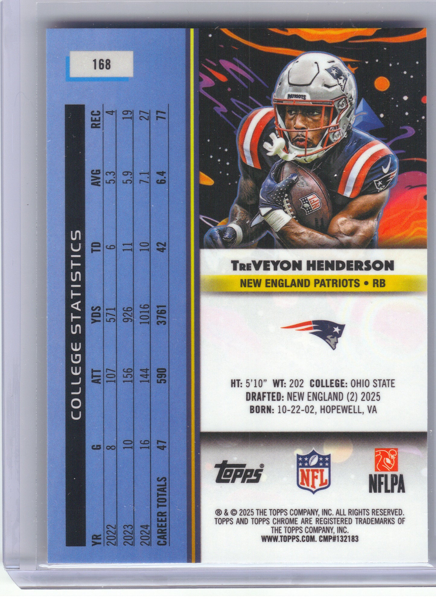 2025 Topps Chrome Cosmic #168 TreVeyon Henderson New England Patriots RC