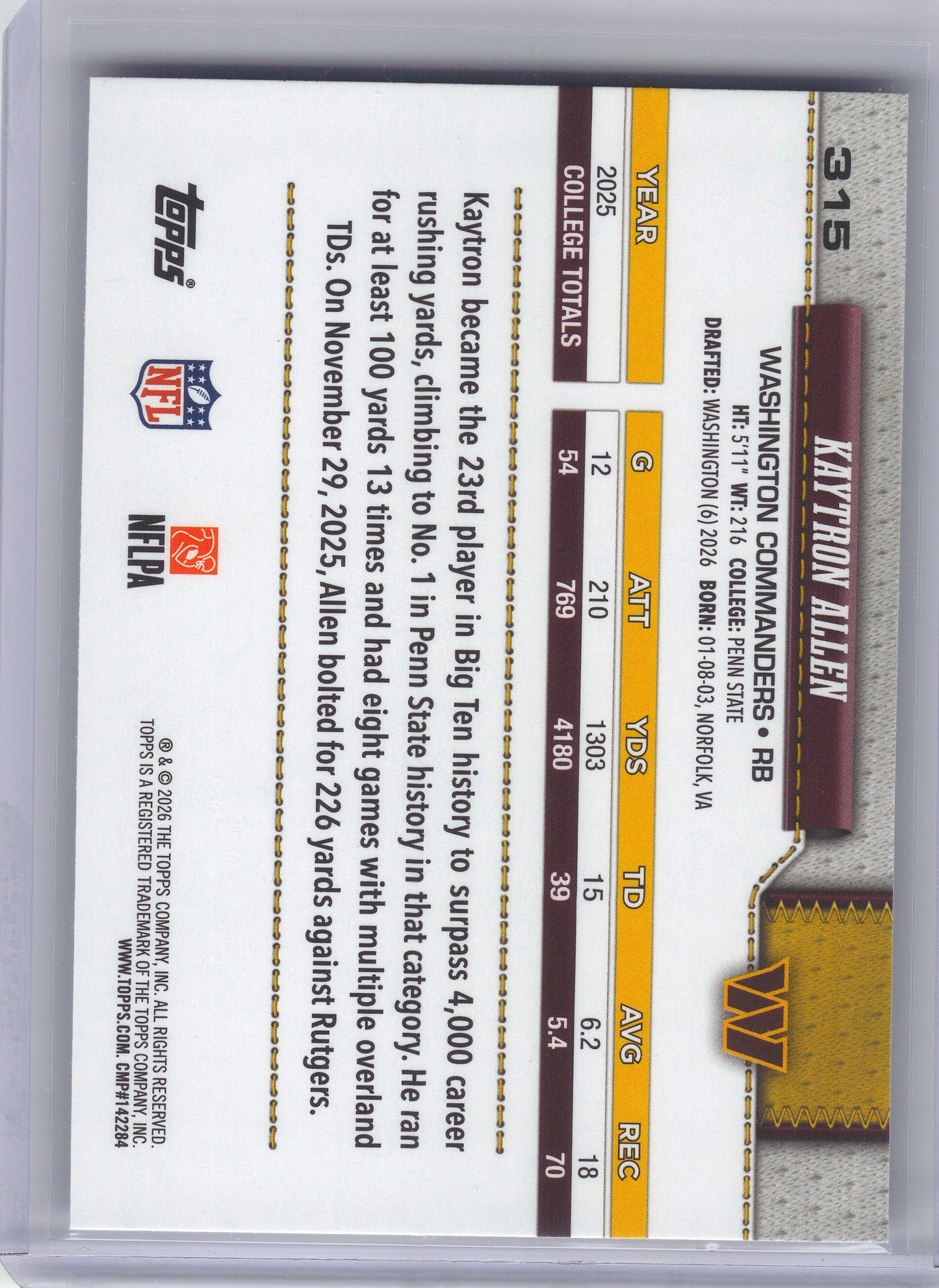 2026 Topps Flagship #315 Kaytron Allen Washington Commanders RC
