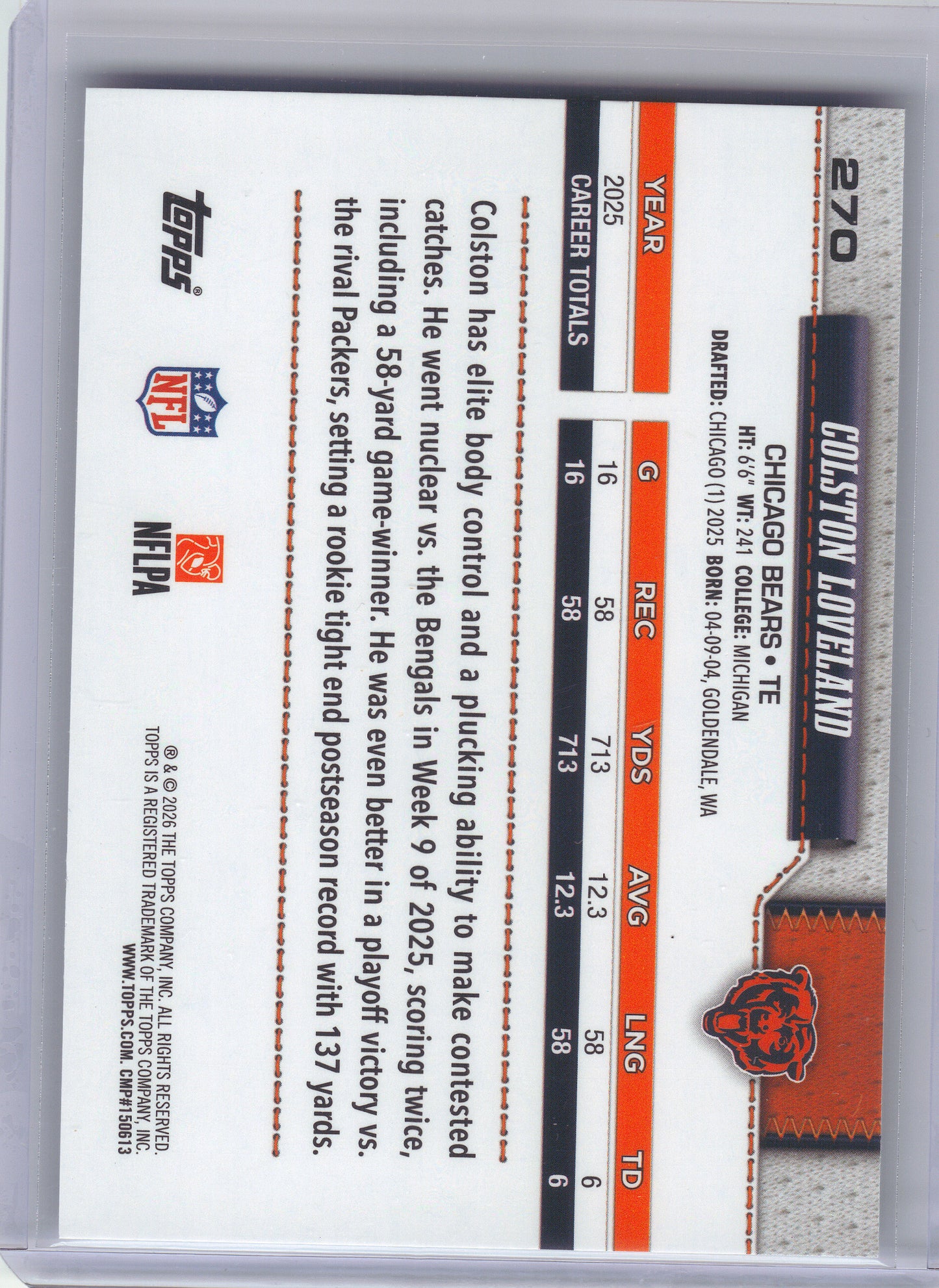 2026 Topps Flagship #270 Colston Loveland Chicago Bears