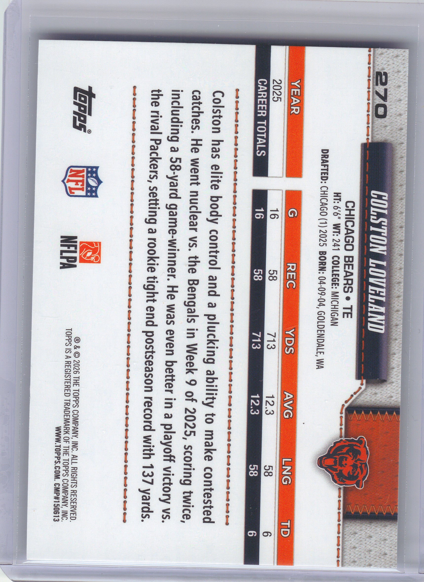 2026 Topps Flagship #270 Colston Loveland Chicago Bears