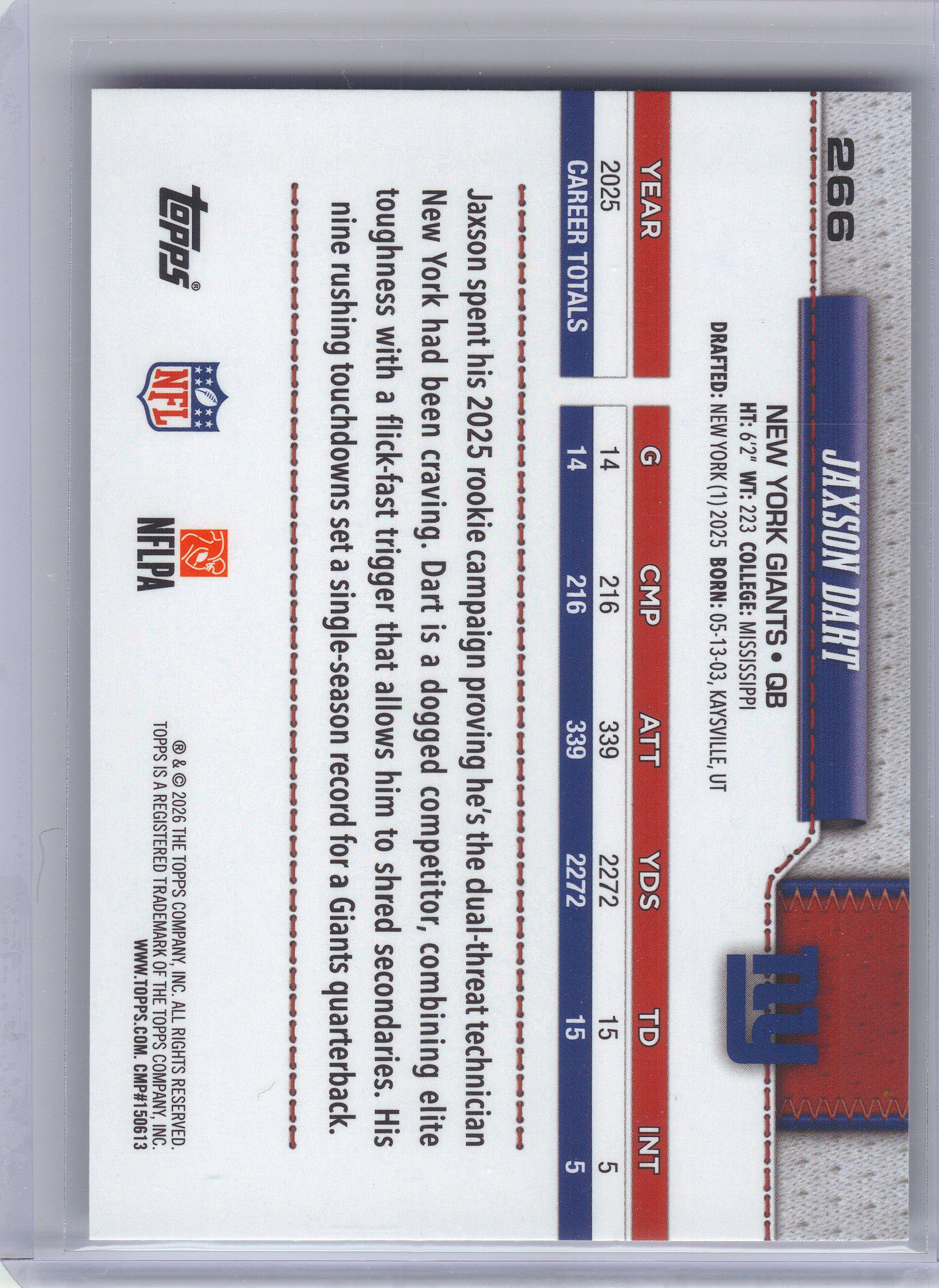 2026 Topps Flagship #266 Jaxson Dart New York Giants