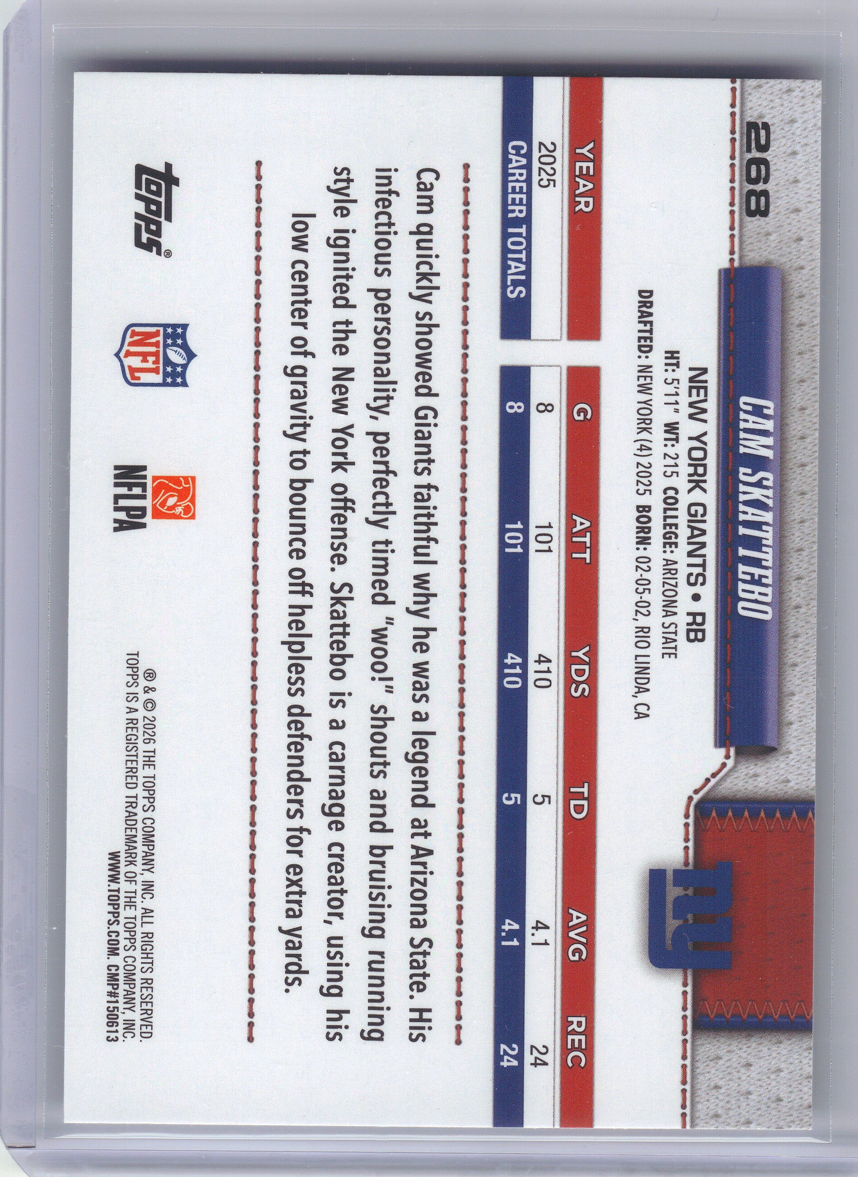 2026 Topps Flagship #268 Cam Skattebo New York Giants