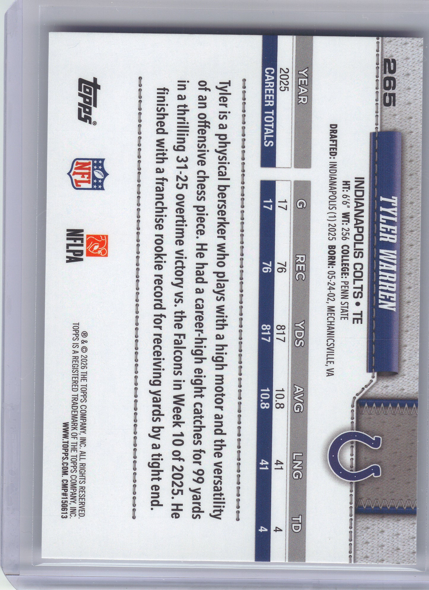 2026 Topps Flagship #265 Tyler Warren Indianapolis Colts