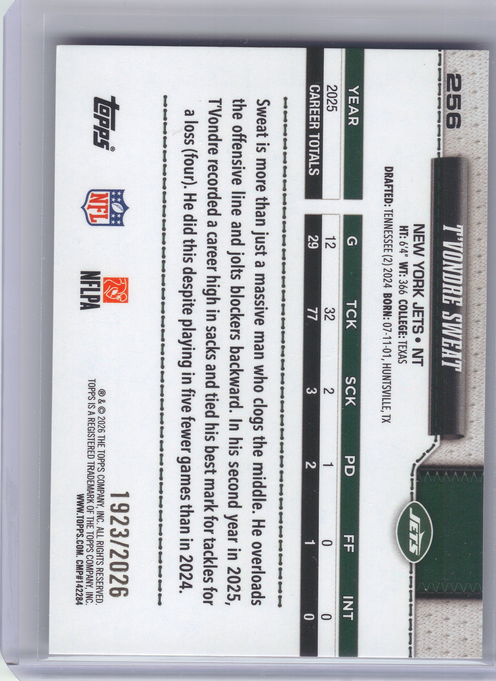 2026 Topps Flagship #256 T’Vondre Sweat Gold #/2026 New York Jets SN