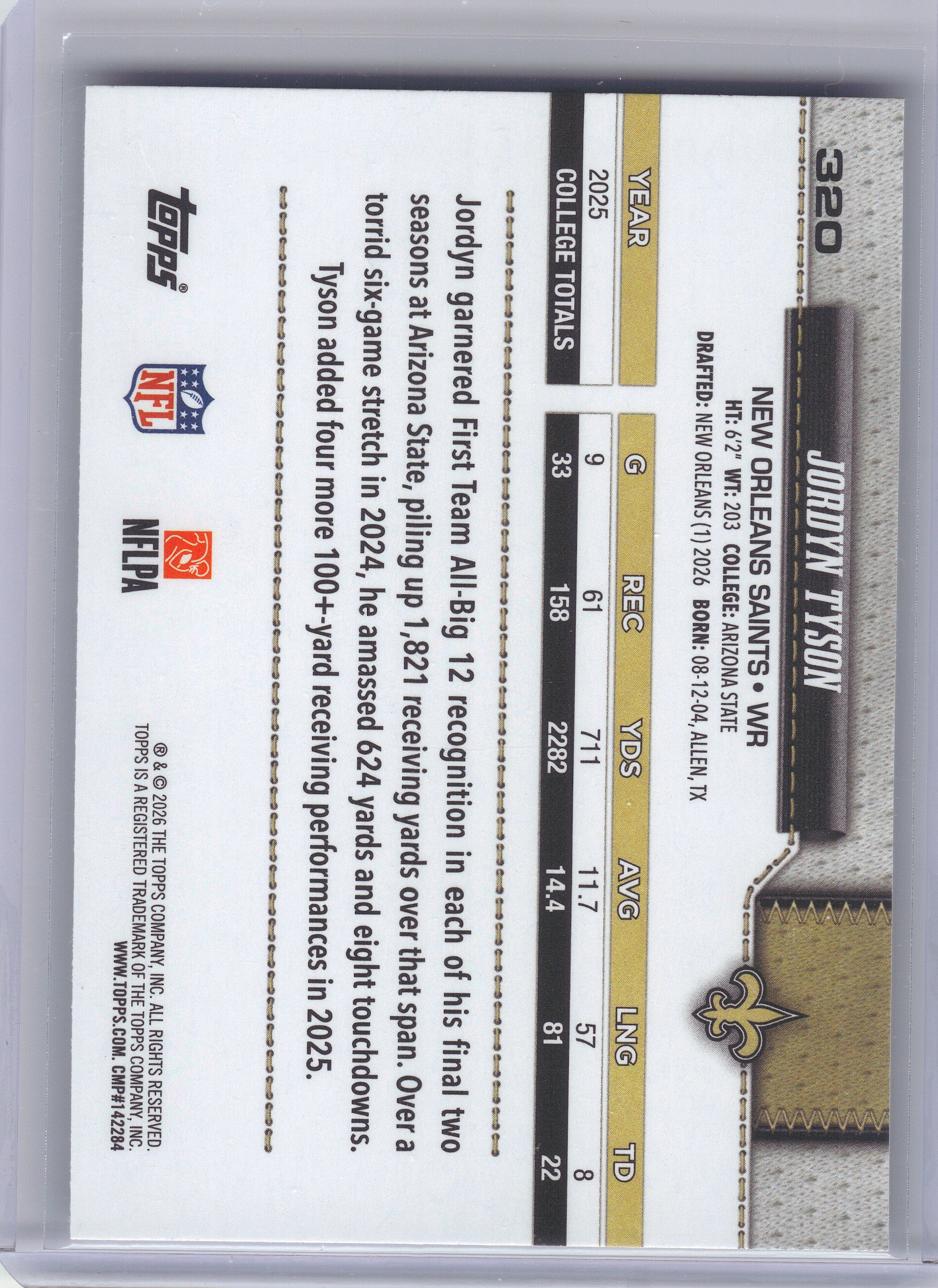 2026 Topps Flagship #320 Jordyn Tyson New Orleans Saints RC