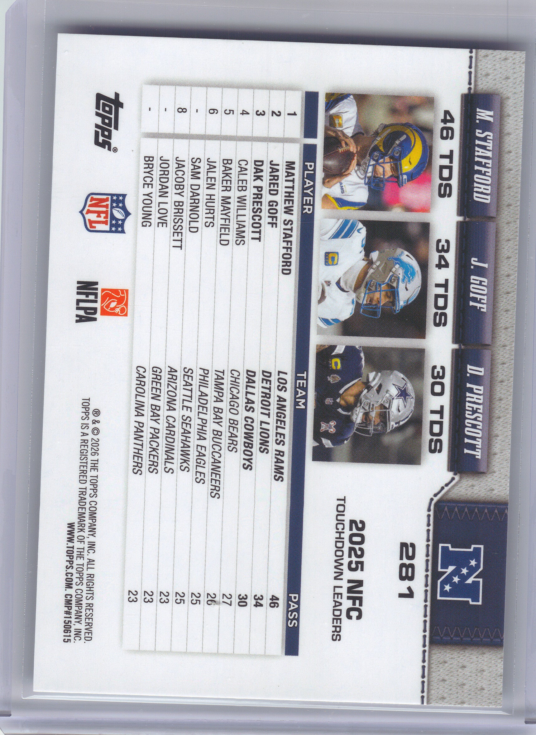 2026 Topps Flagship #281 NFC Passing Leaders (Matthew Stafford / Dak Prescott / Jared Goff)