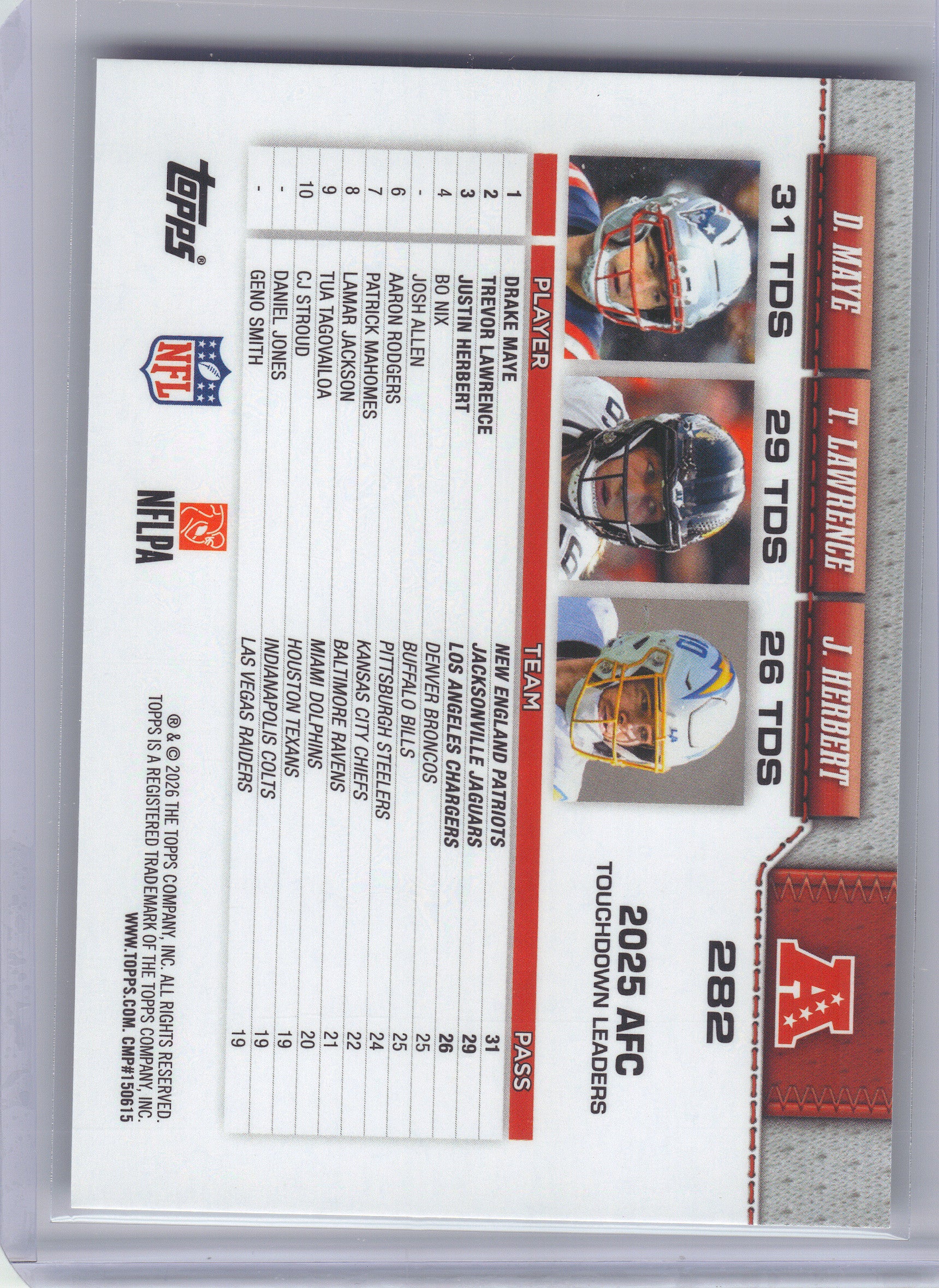 2026 Topps Flagship #282 AFC Passing Leaders (Trevor Lawrence / Drake Maye / Justin Herbert)