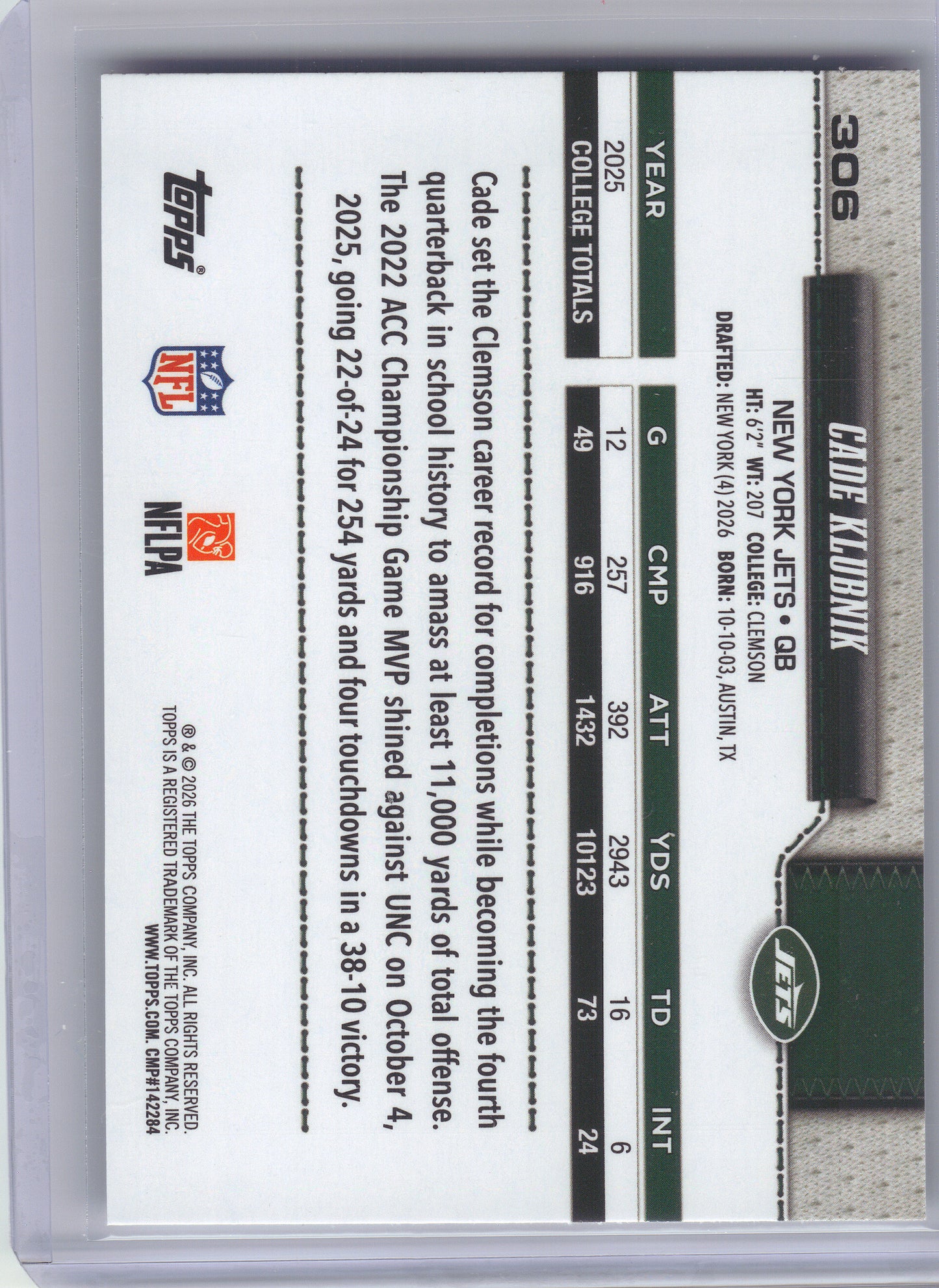 2026 Topps Flagship #306 Cade Klubnik New York Jets RC