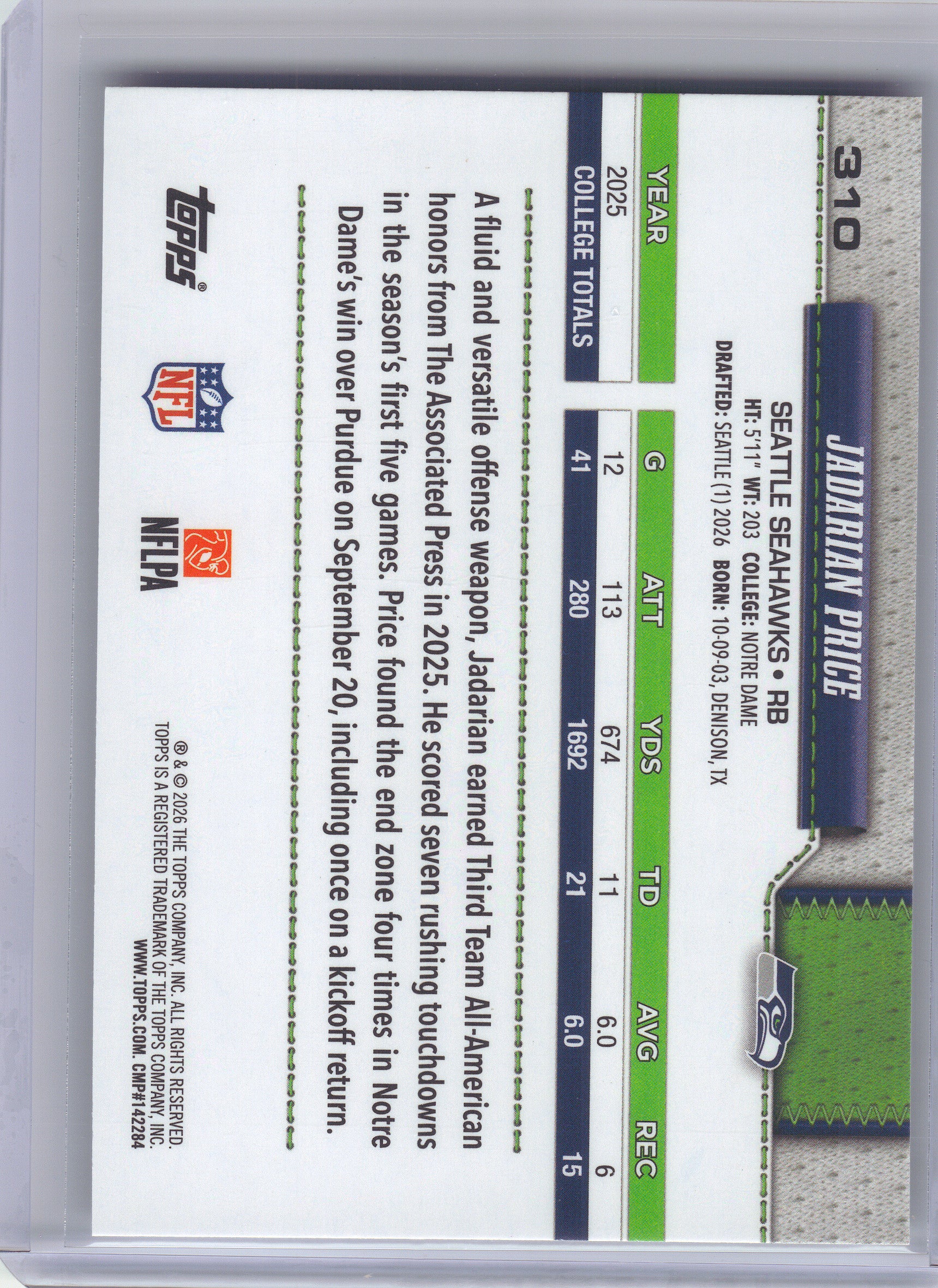 2026 Topps Flagship #310 Jadarian Price Seattle Seahawks RC