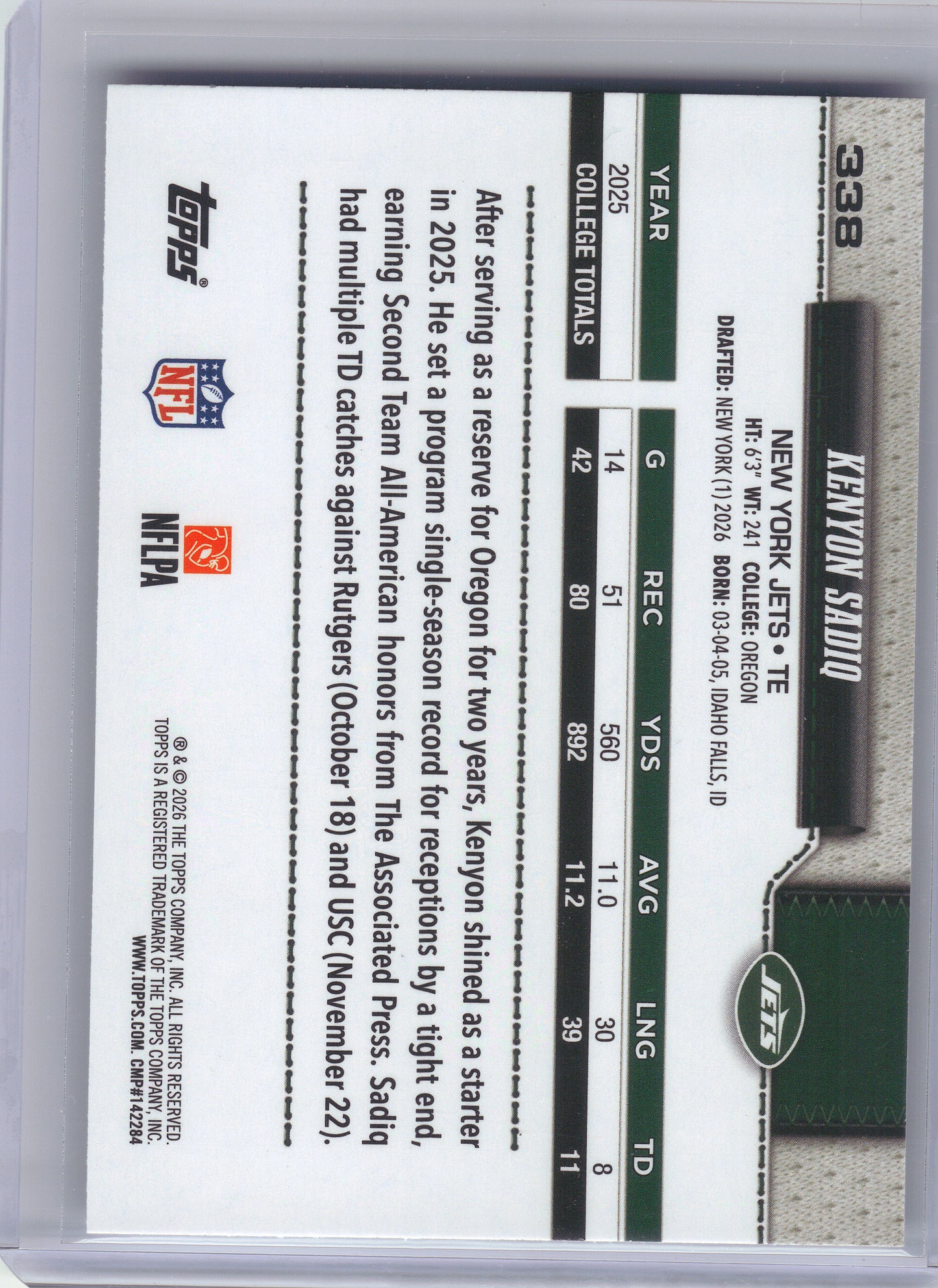 2026 Topps Flagship #338 Kenyon Sadiq New York Jets RC