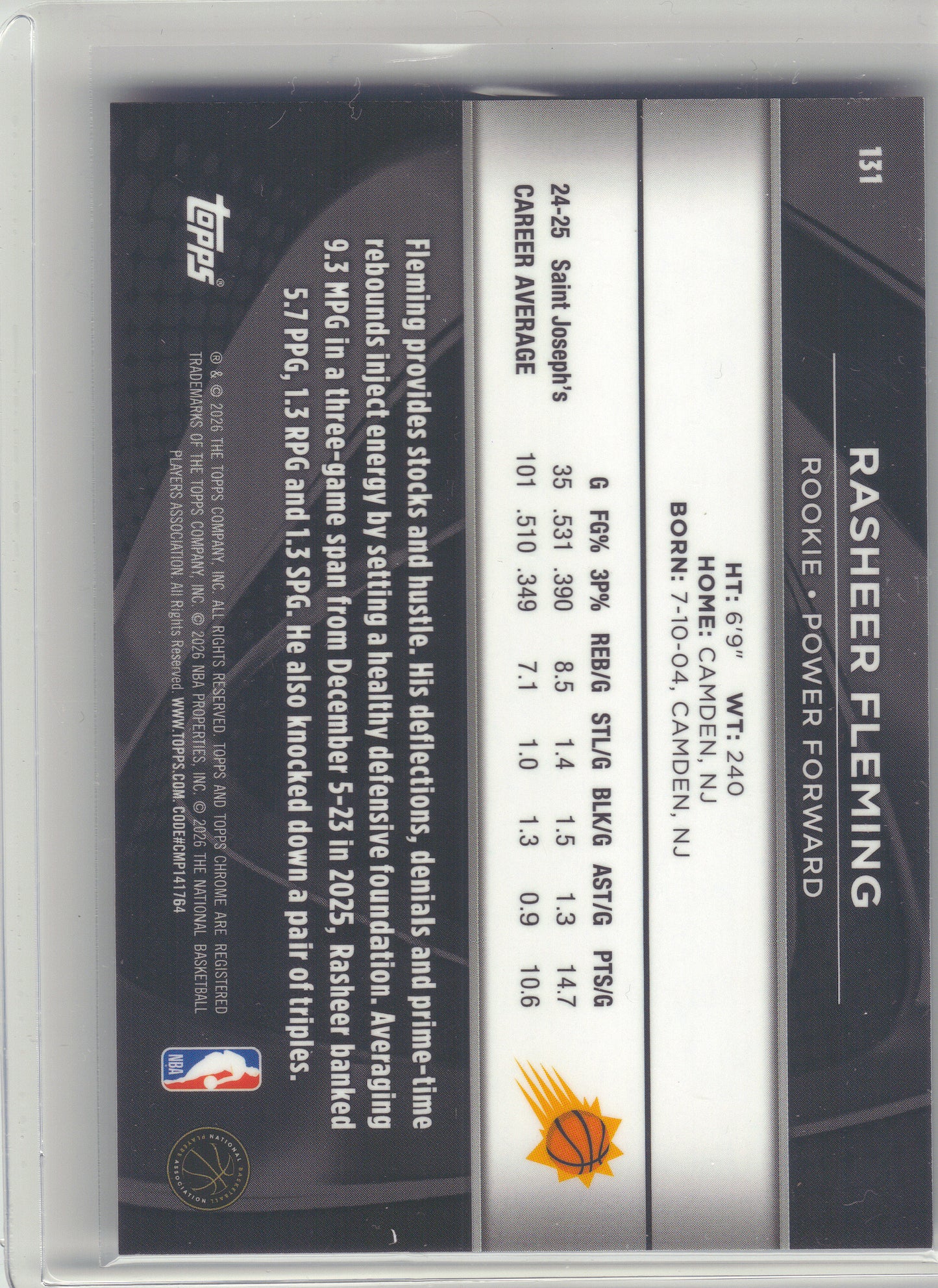 2025-26 Topps Chrome Black #131 Rasheer Fleming Blue Wave Refractor #/150 Phoenix Suns SN, RC