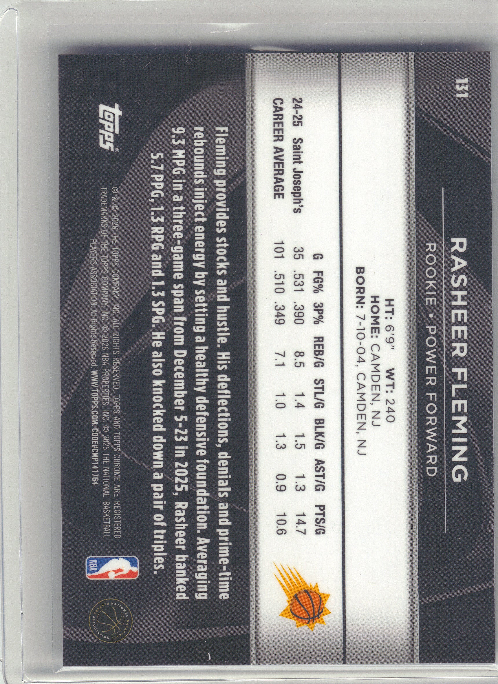 2025-26 Topps Chrome Black #131 Rasheer Fleming Blue Wave Refractor #/150 Phoenix Suns SN, RC