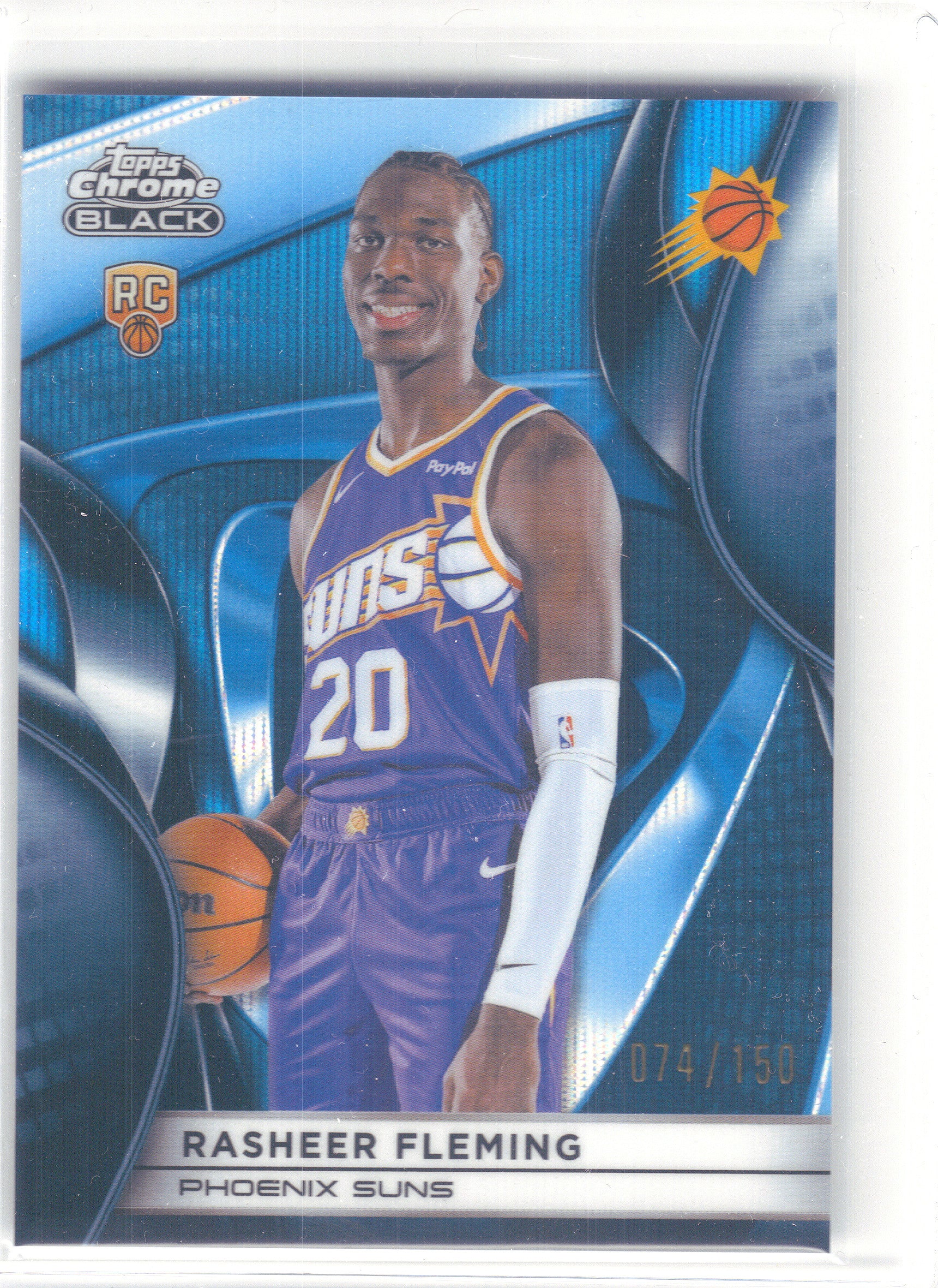 2025-26 Topps Chrome Black #131 Rasheer Fleming Blue Wave Refractor #/150 Phoenix Suns SN, RC