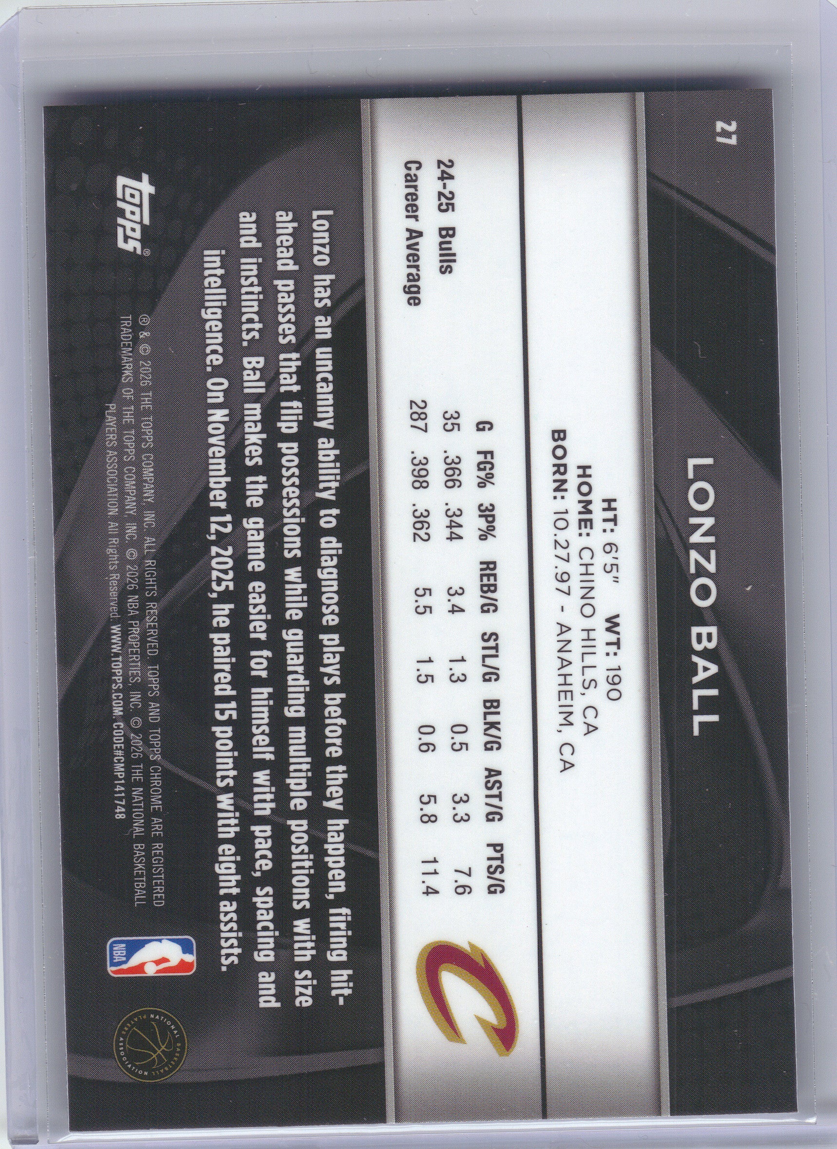 2025-26 Topps Chrome Black #27 Lonzo Ball Cleveland Cavaliers