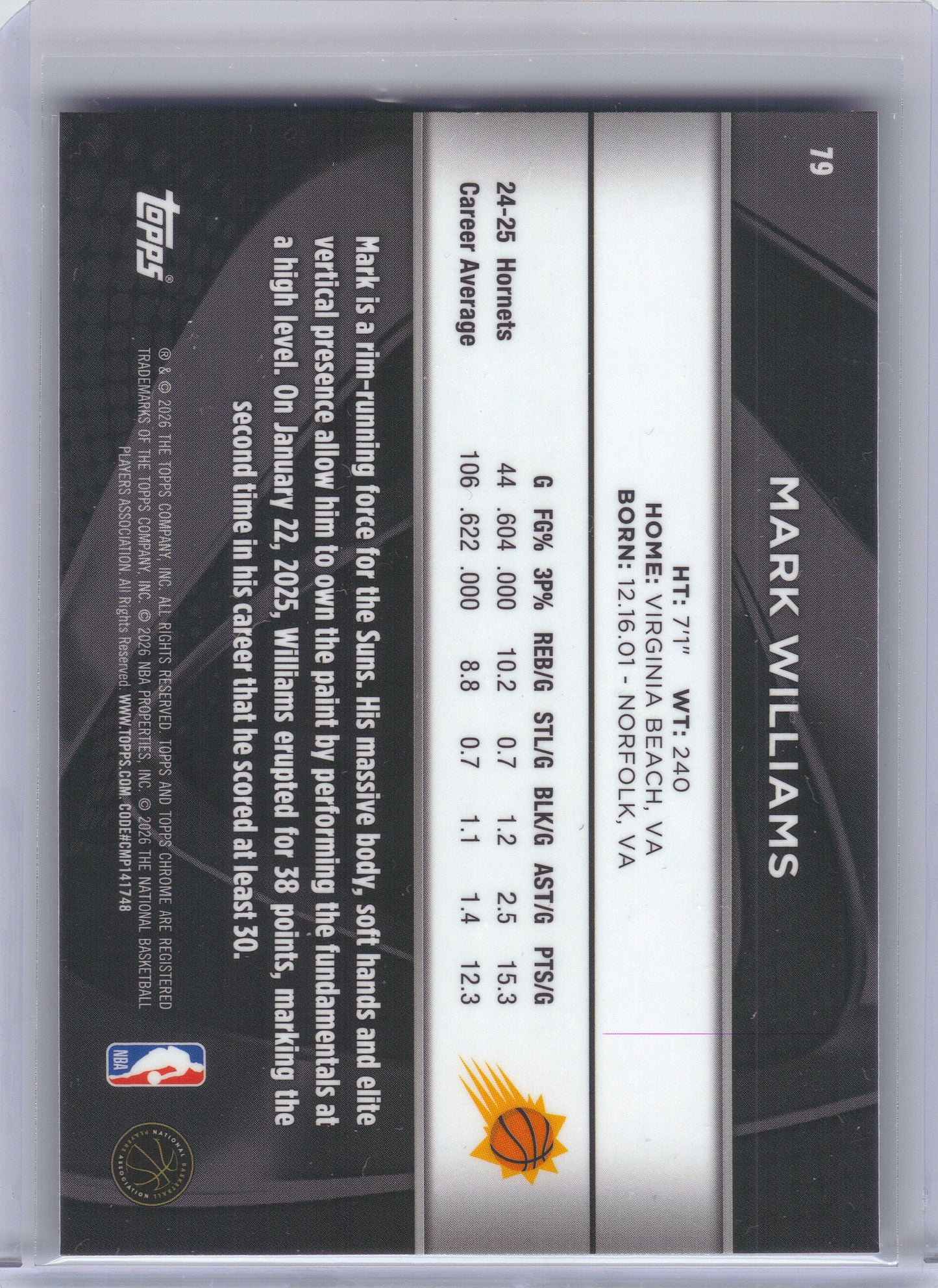2025-26 Topps Chrome Black #79 Mark Williams Phoenix Suns