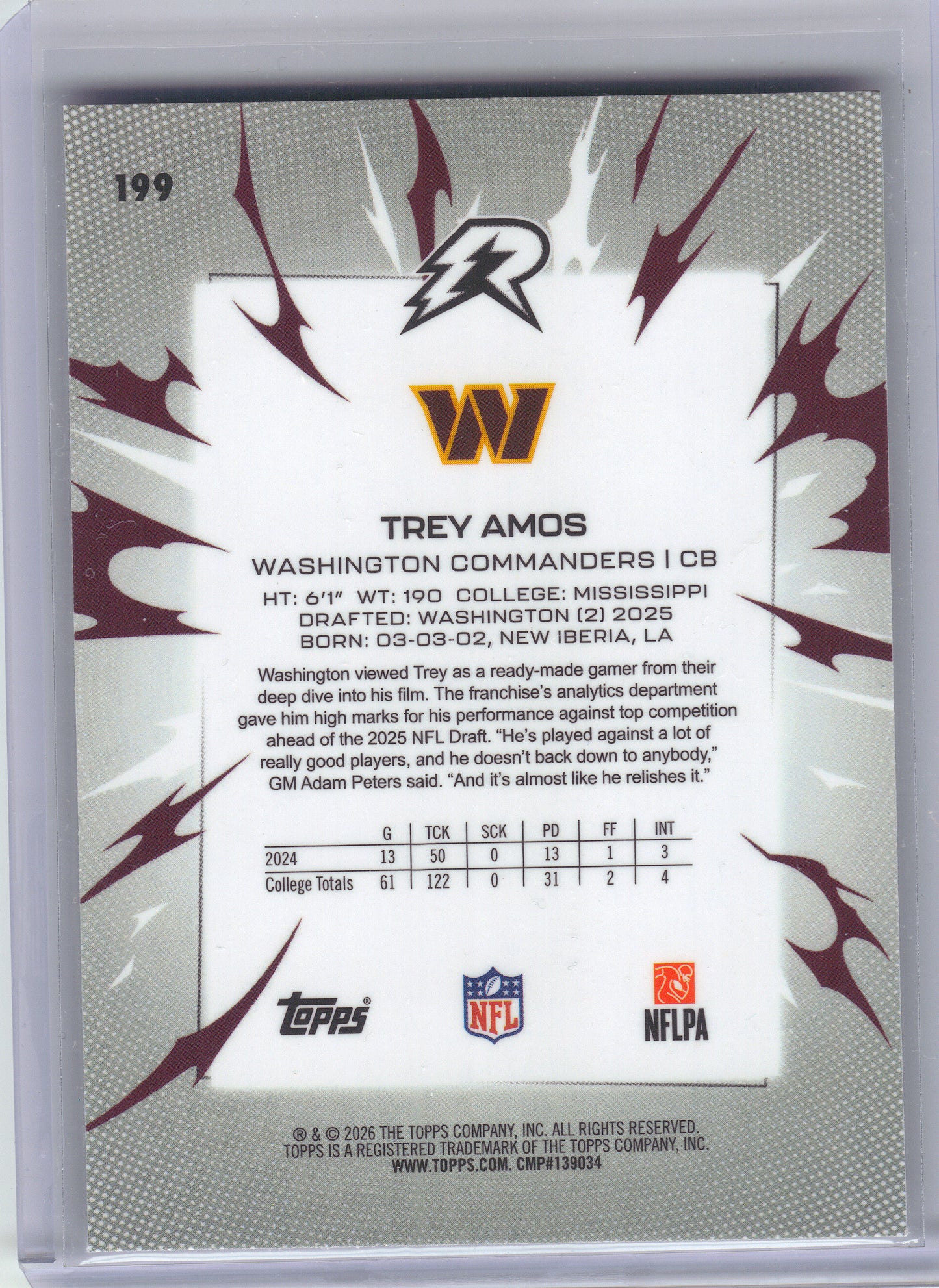 2025 Topps Resurgence #199 Trey Amos Washington Commanders RC