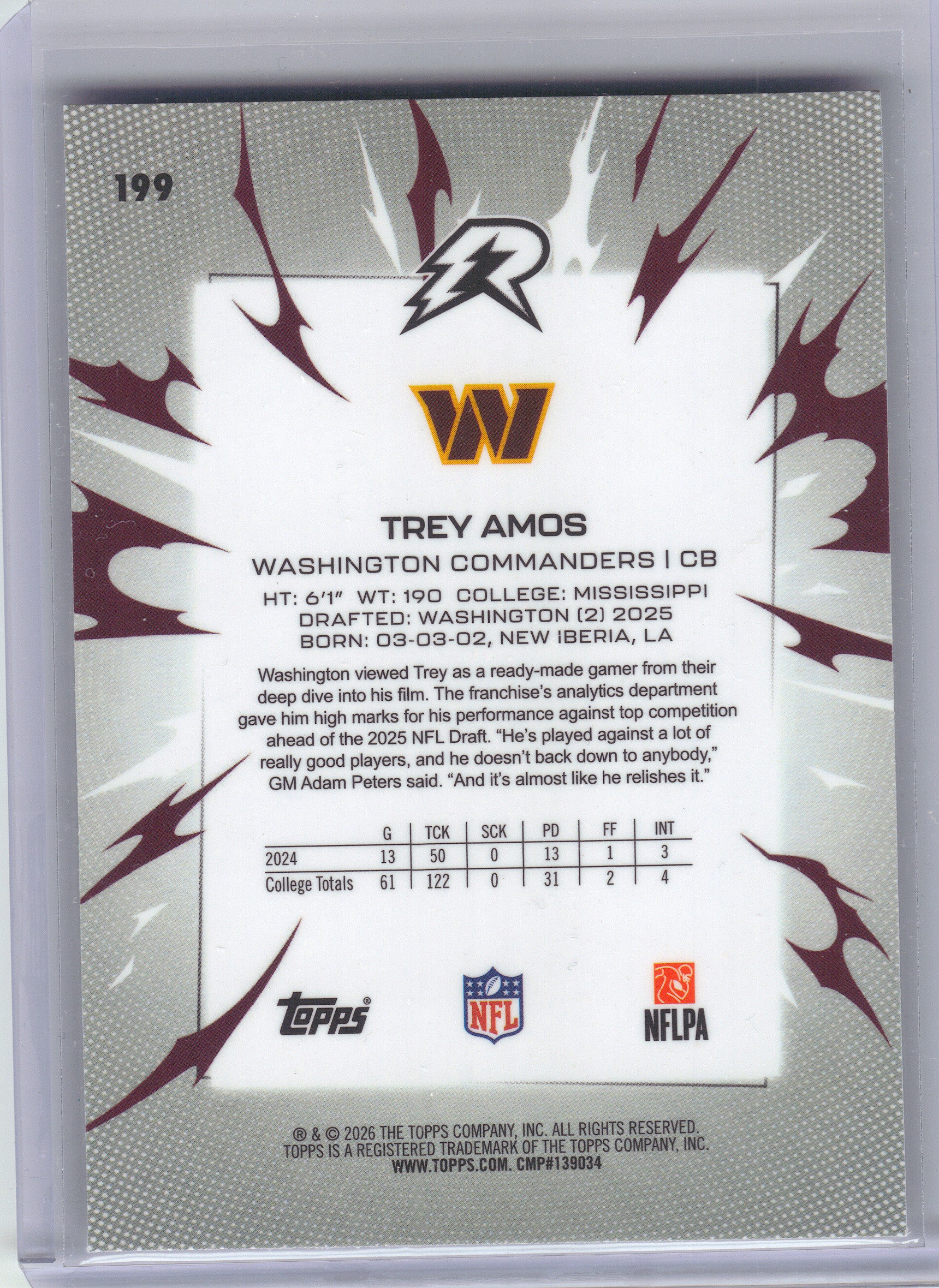 2025 Topps Resurgence #199 Trey Amos Washington Commanders RC