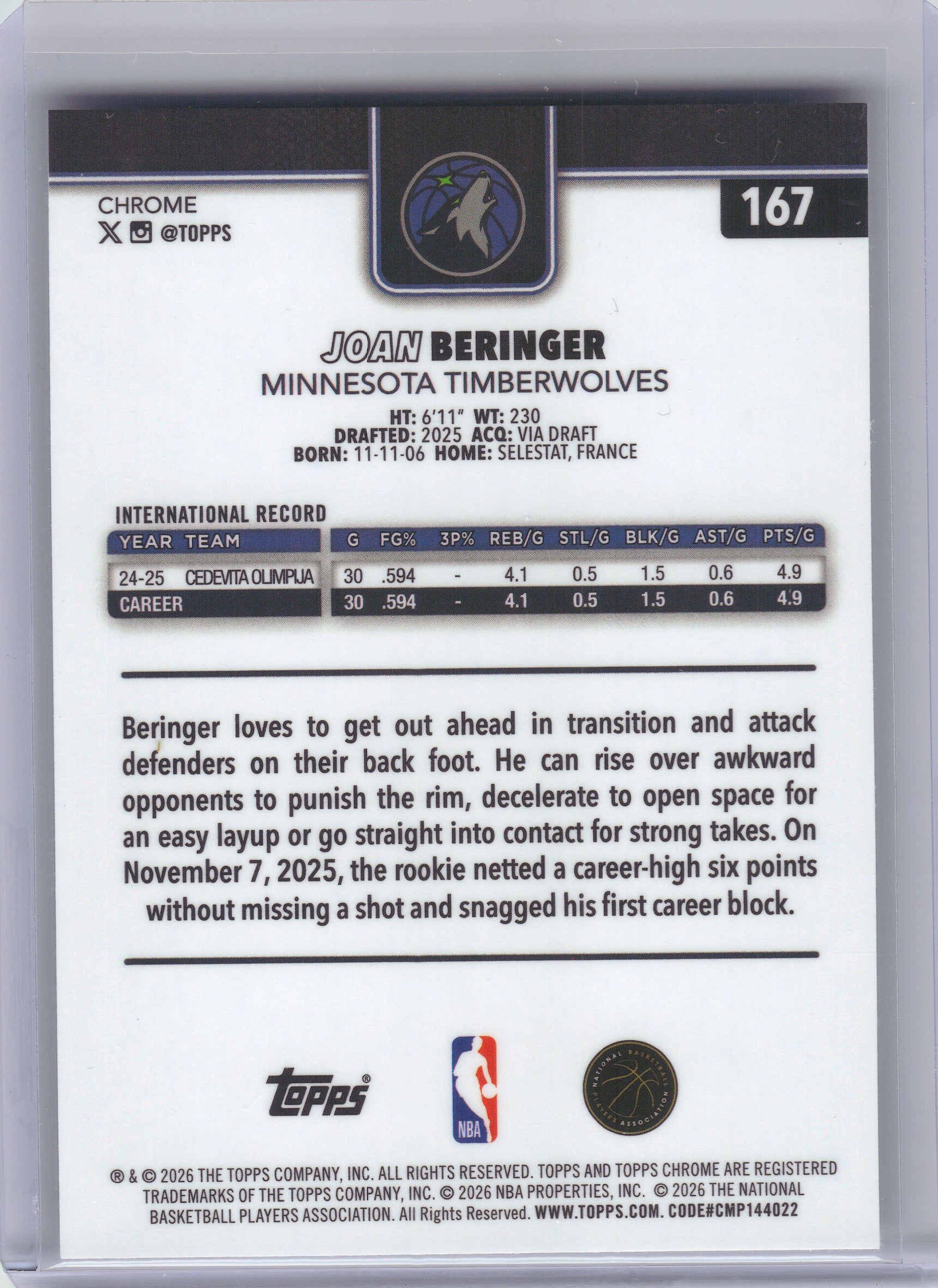 2025-26 Topps Chrome Update #167 Joan Beringer Minnesota Timberwolves RC