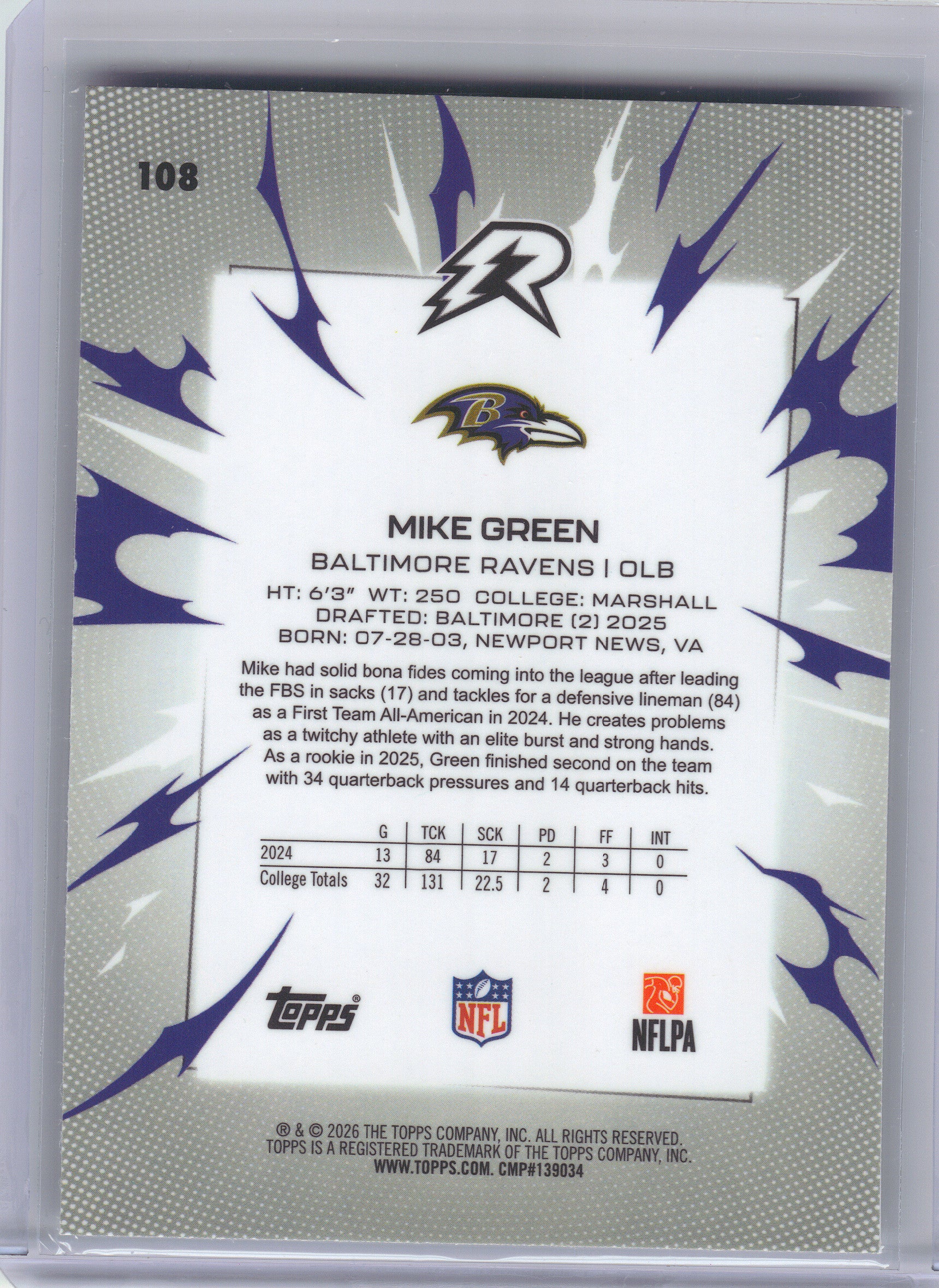 2025 Topps Resurgence #108 Mike Green Baltimore Ravens RC