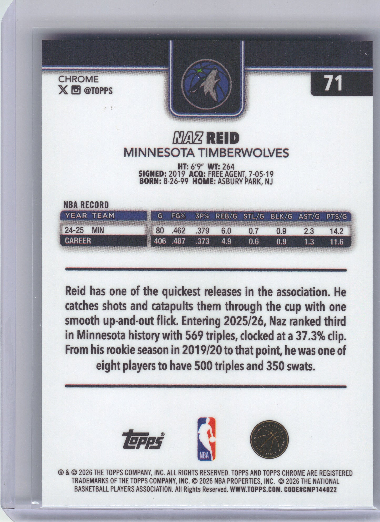 2025-26 Topps Chrome Update #71 Naz Reid Purple Wave Refractor #/75 Minnesota Timberwolves SN