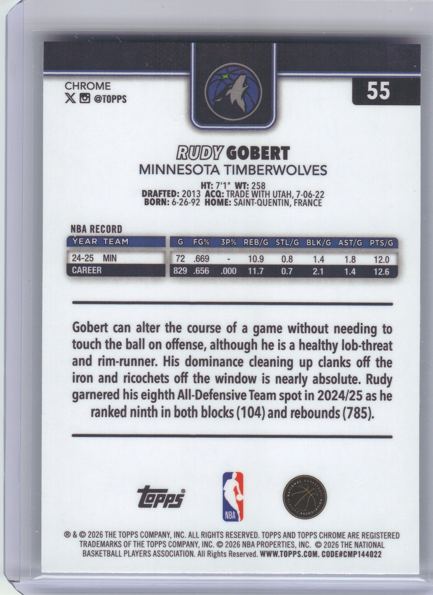 2025-26 Topps Chrome Update #55 Rudy Gobert Prism Refractor Minnesota Timberwolves