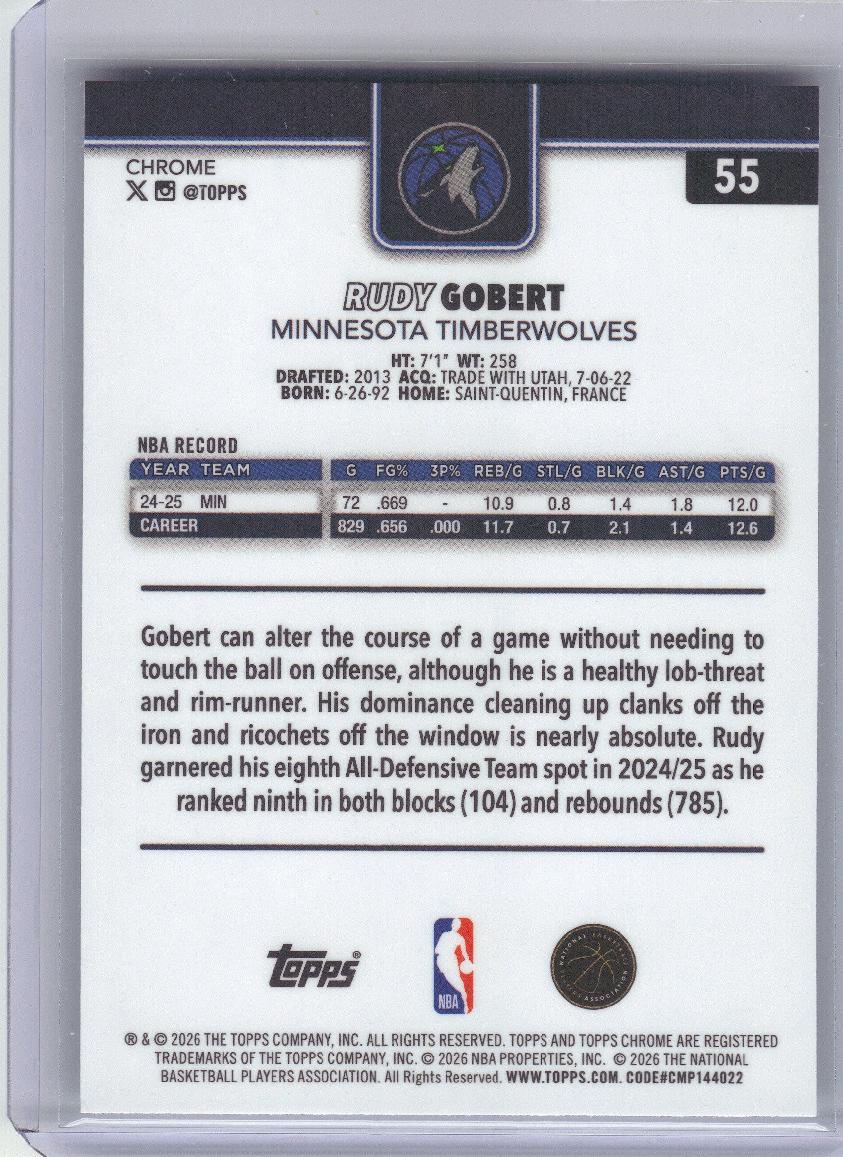 2025-26 Topps Chrome Update #55 Rudy Gobert Prism Refractor Minnesota Timberwolves