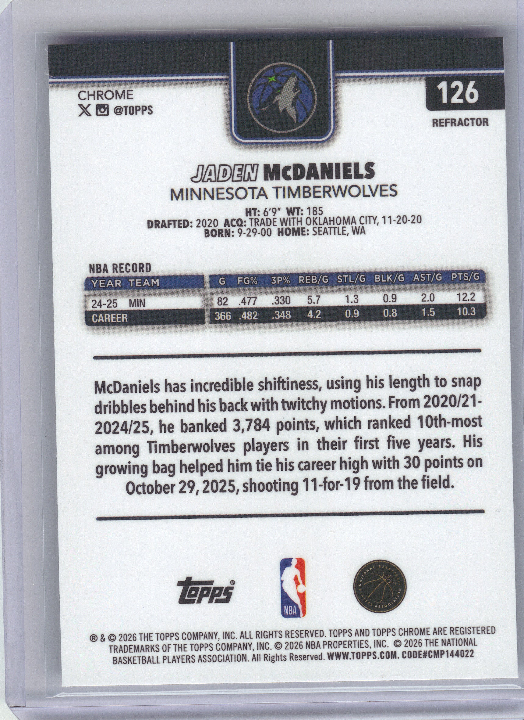 2025-26 Topps Chrome Update #126 Jaden McDaniels Refractor Minnesota Timberwolves