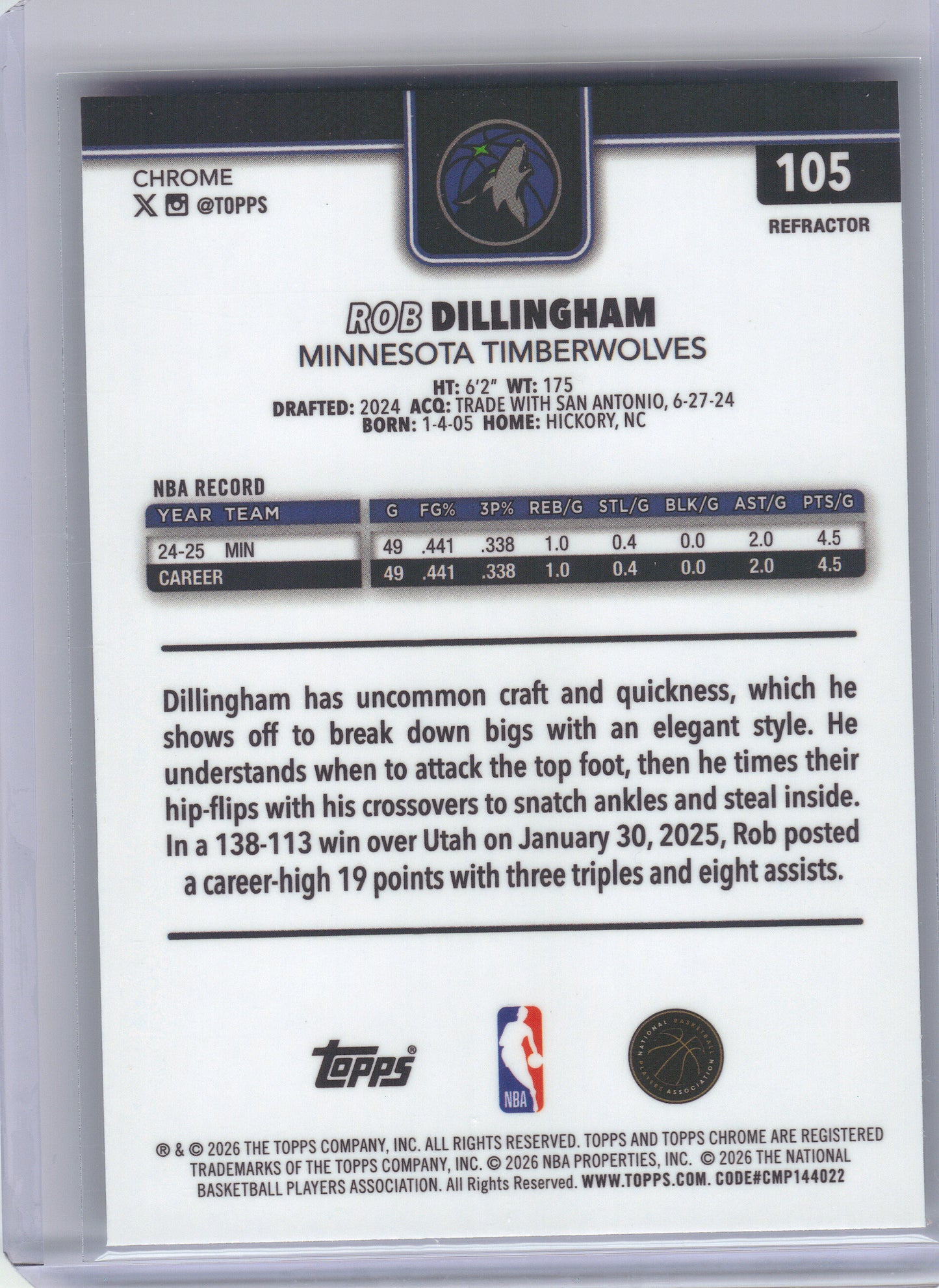 2025-26 Topps Chrome Update #105 Rob Dillingham Refractor Minnesota Timberwolves