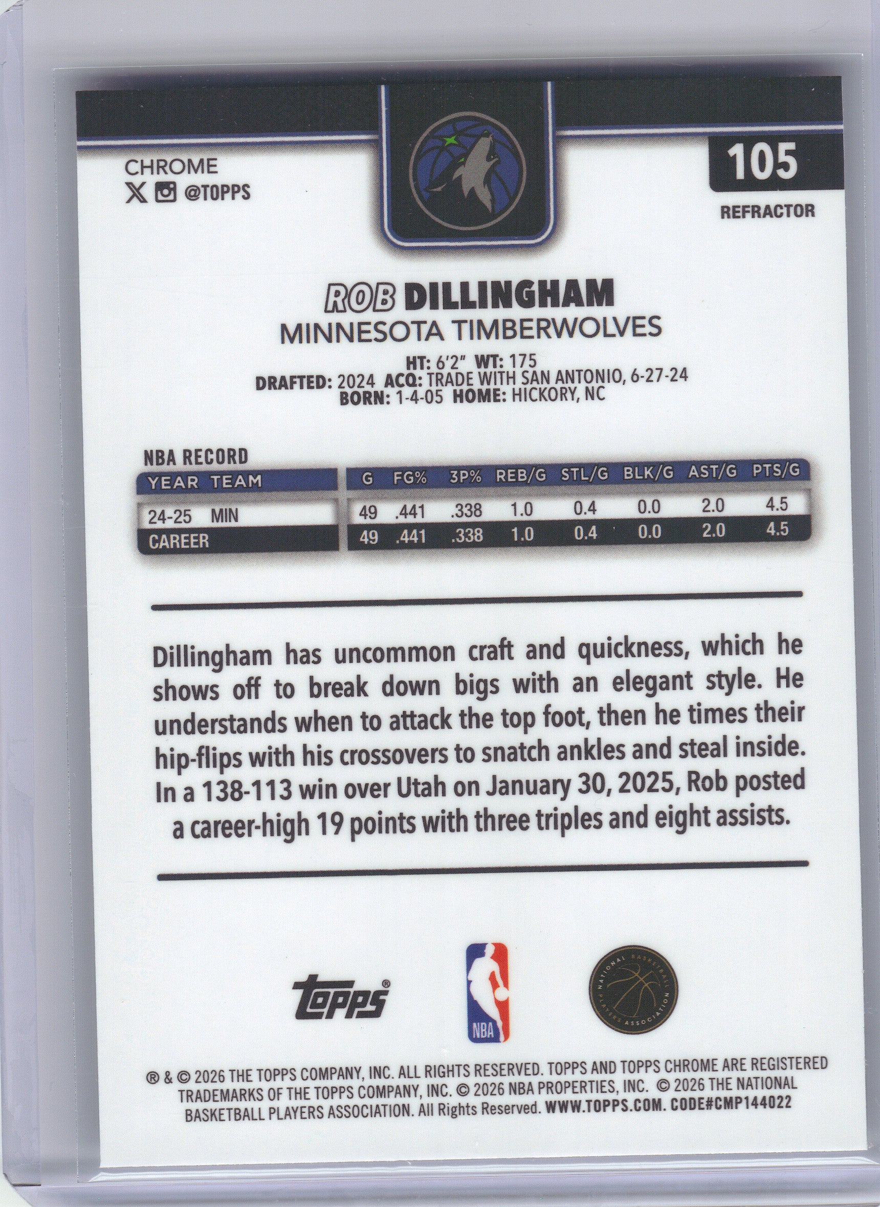 2025-26 Topps Chrome Update #105 Rob Dillingham Refractor Minnesota Timberwolves