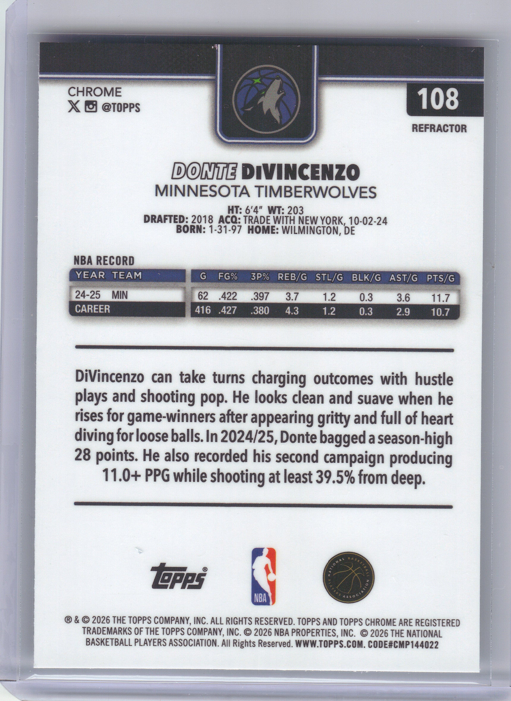 2025-26 Topps Chrome Update #108 Donte DiVincenzo Refractor Minnesota Timberwolves