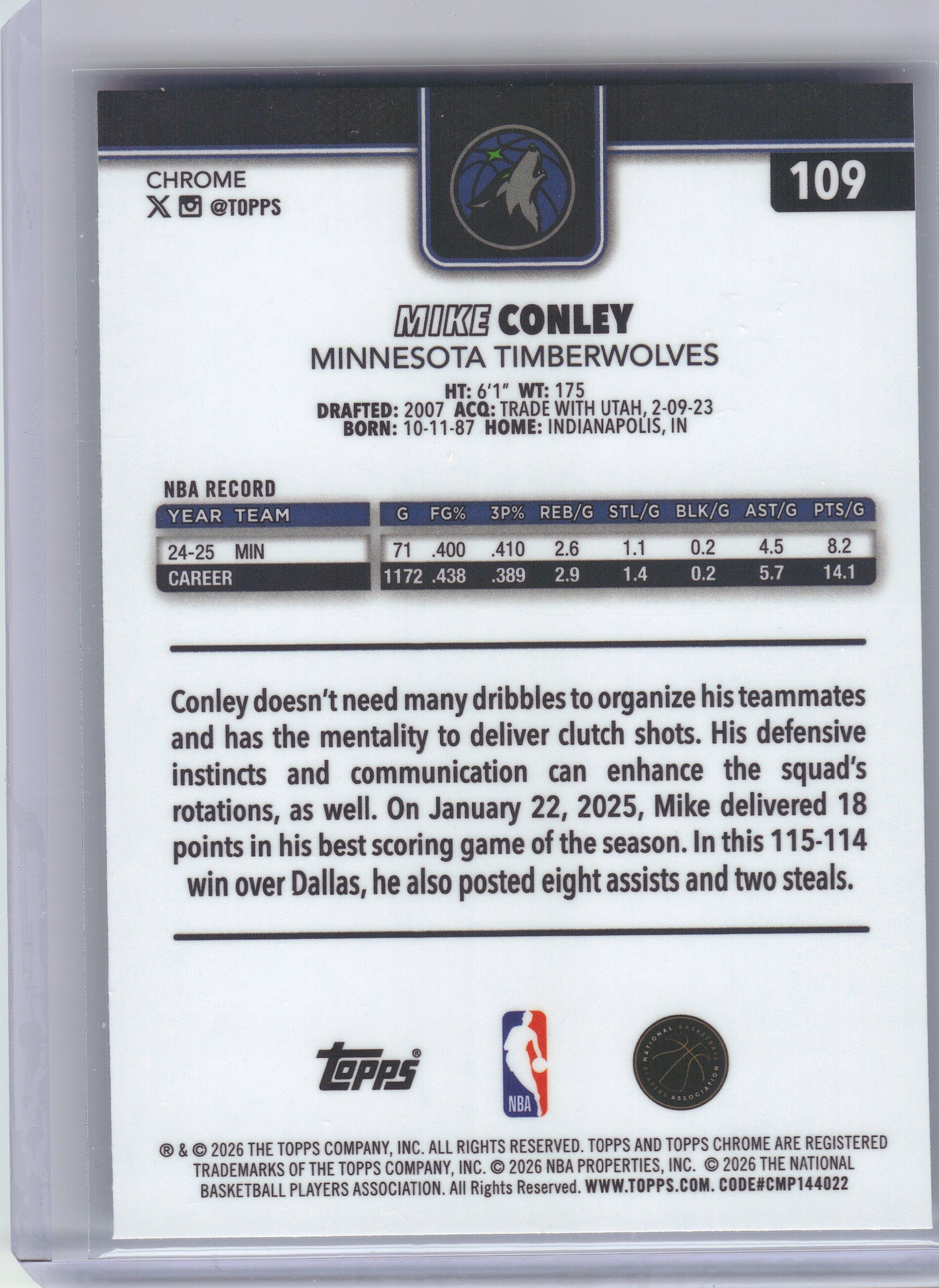 2025-26 Topps Chrome Update #109 Mike Conley Negative Refractor Minnesota Timberwolves