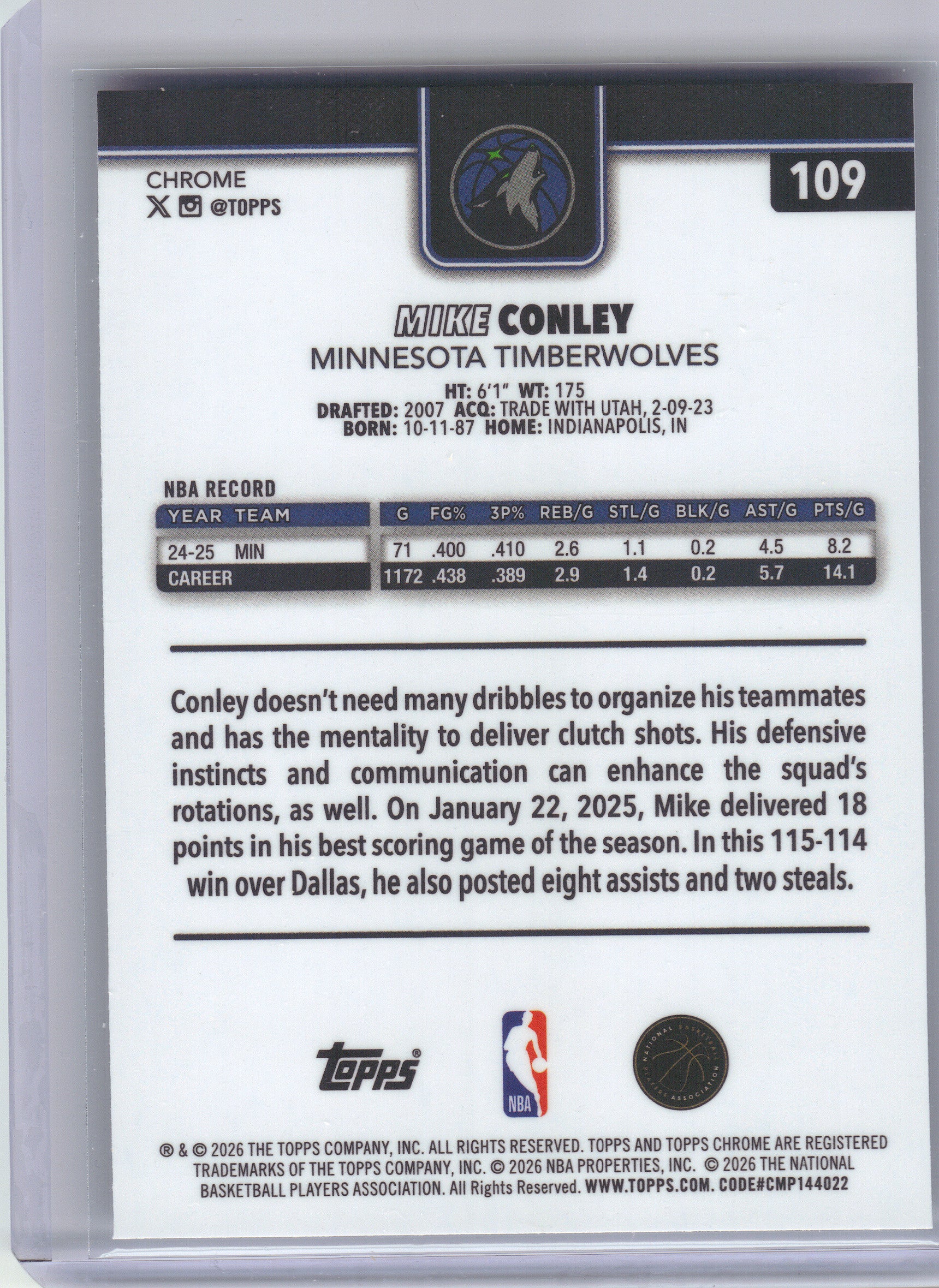 2025-26 Topps Chrome Update #109 Mike Conley Negative Refractor Minnesota Timberwolves