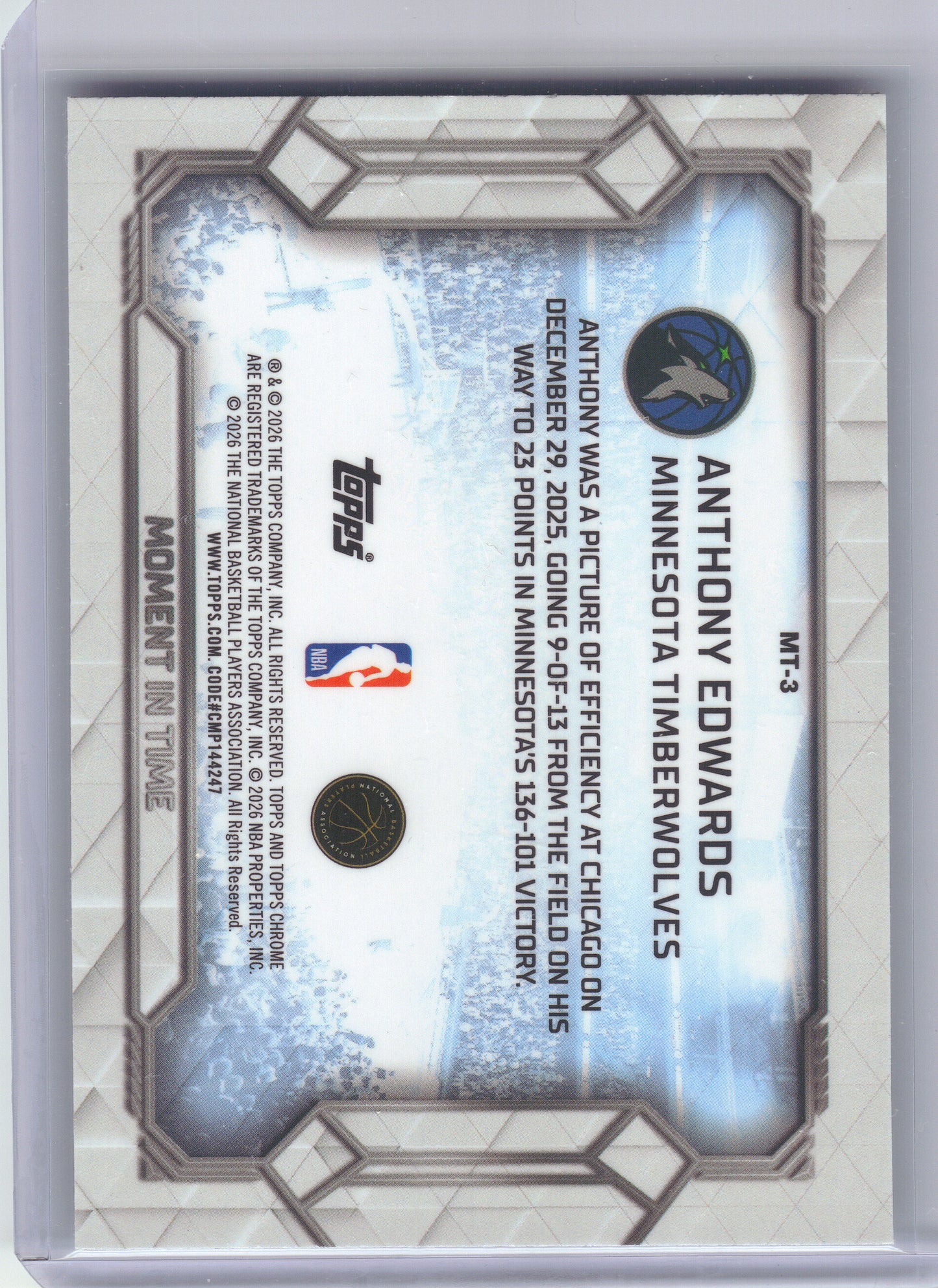 2025-26 Topps Chrome Update #MT-3 Anthony Edwards Moment In Time Refractor Minnesota Timberwolves