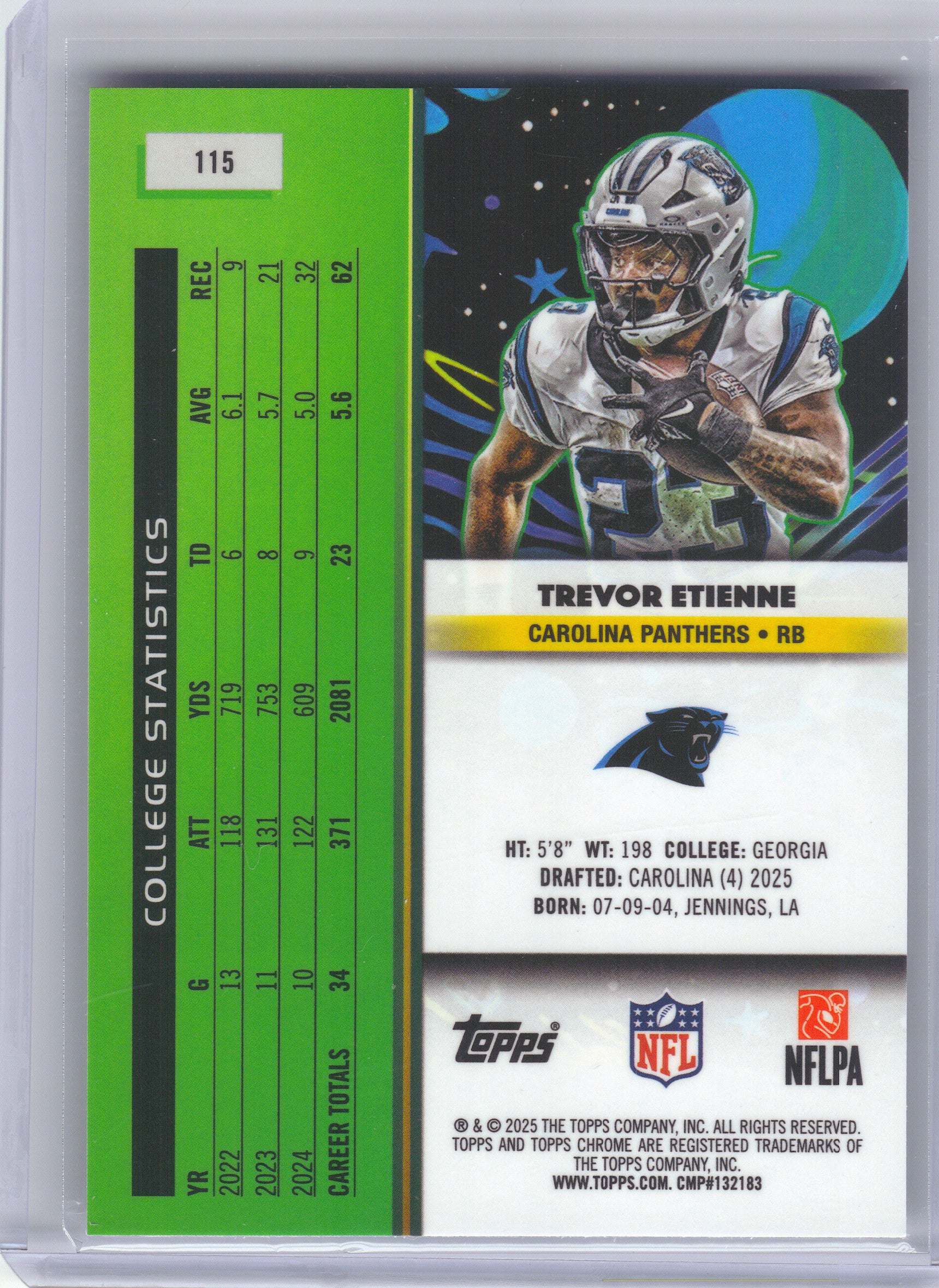 2025 Topps Chrome Cosmic #115 Trevor Etienne Carolina Panthers RC