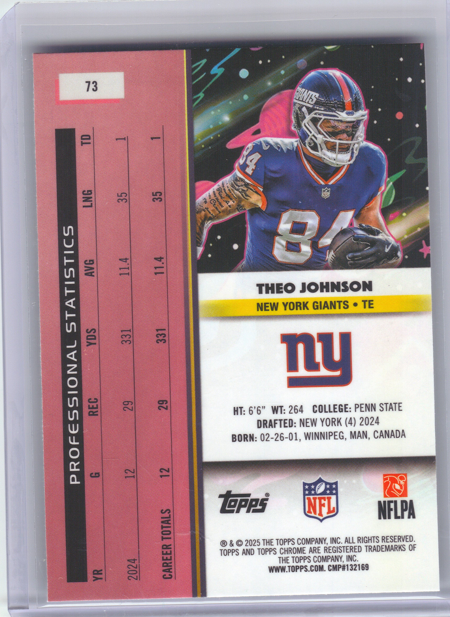 2025 Topps Chrome Cosmic #73 Theo Johnson New York Giants