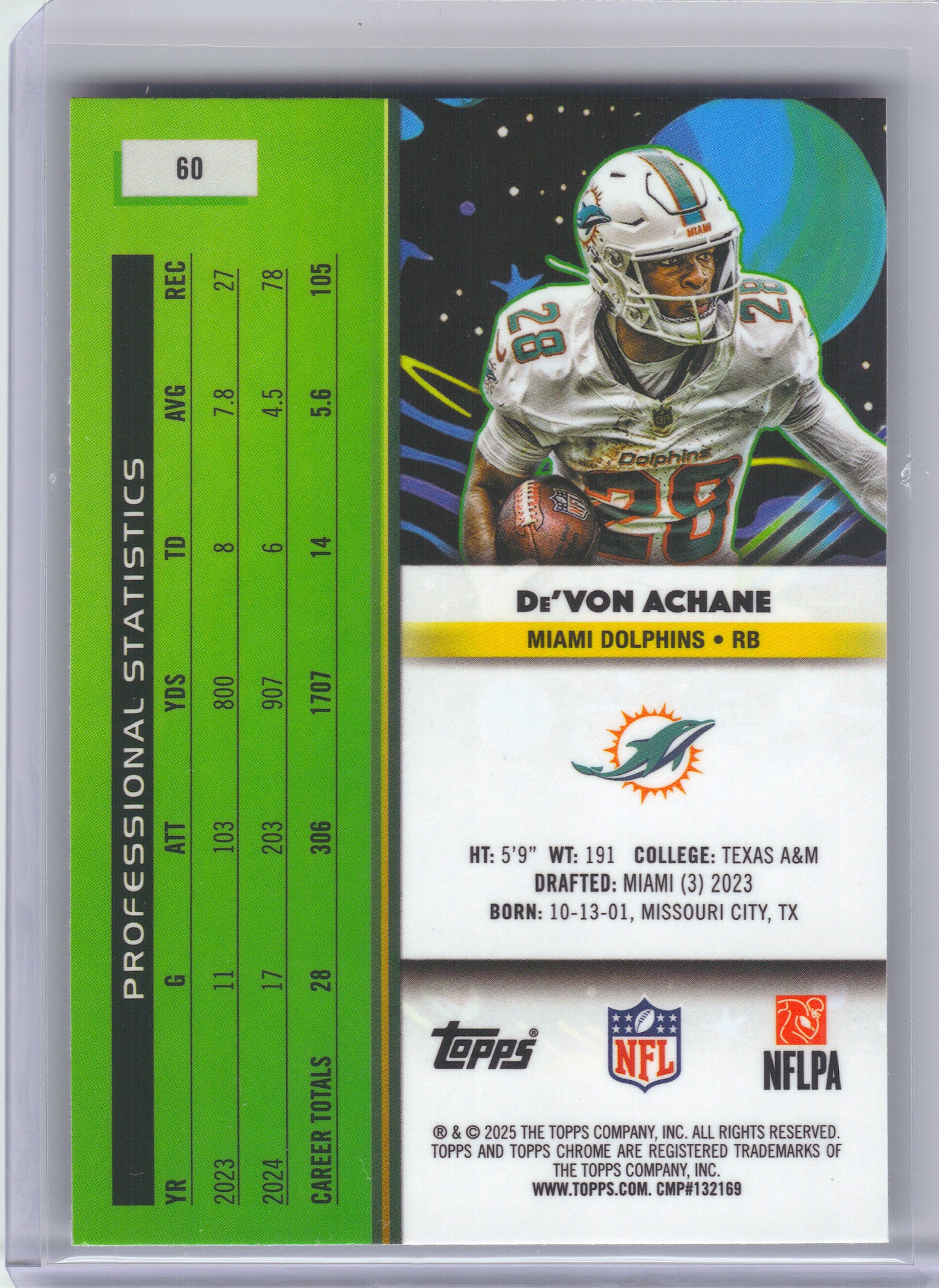 2025 Topps Chrome Cosmic #60 De'Von Achane Miami Dolphins