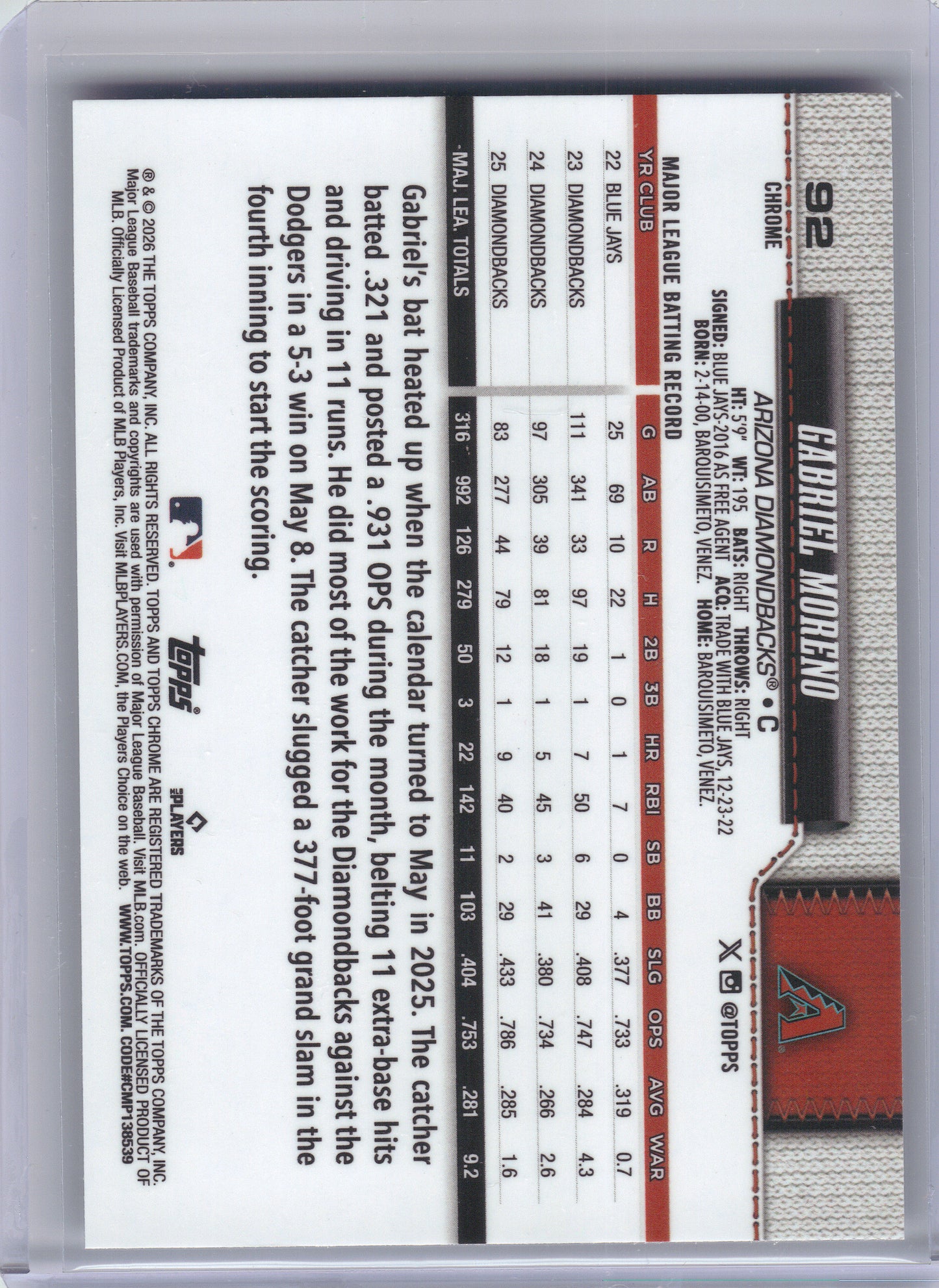 2026 Topps Chrome #92 Gabriel Moreno X-Fractors Arizona Diamondbacks