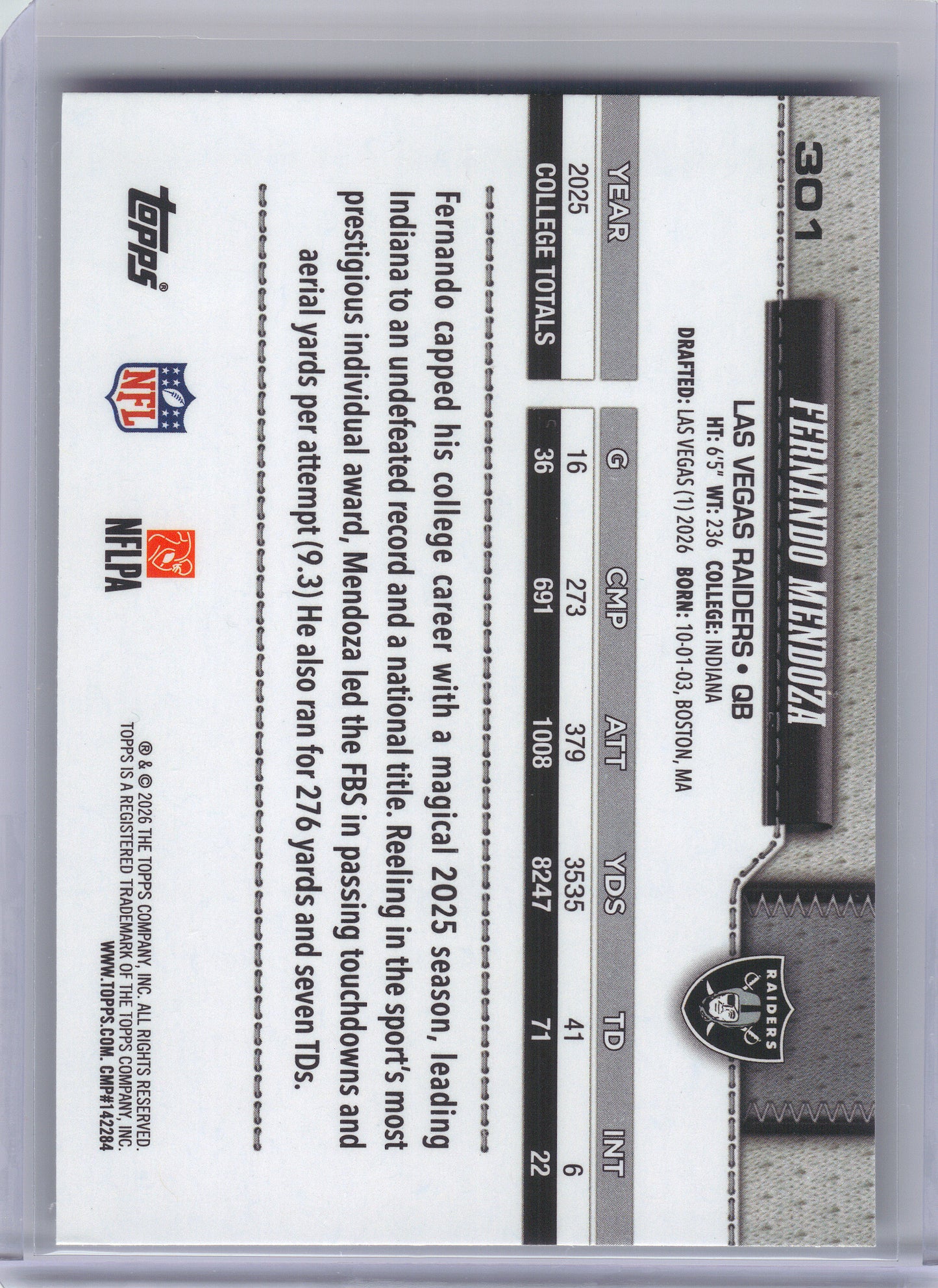 2026 Topps Flagship #301 Fernando Mendoza Las Vegas Raiders RC