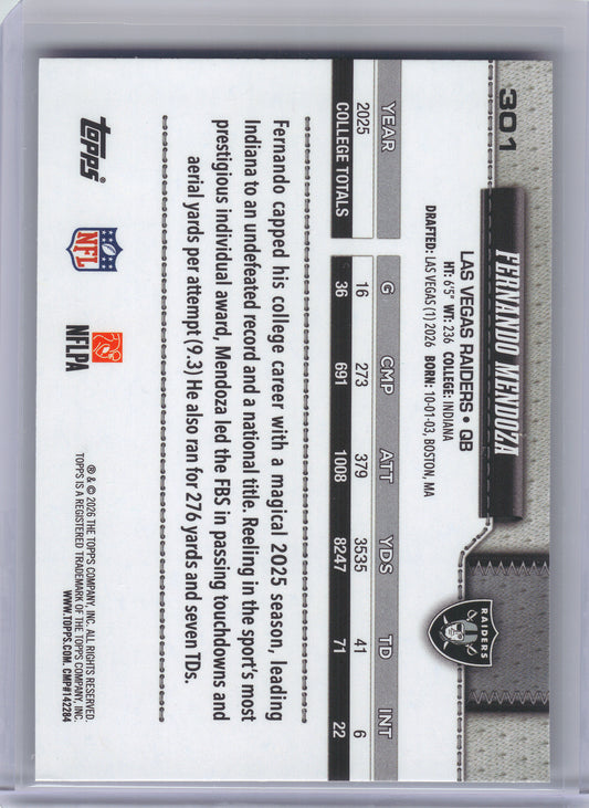 2026 Topps Flagship #301 Fernando Mendoza Las Vegas Raiders RC