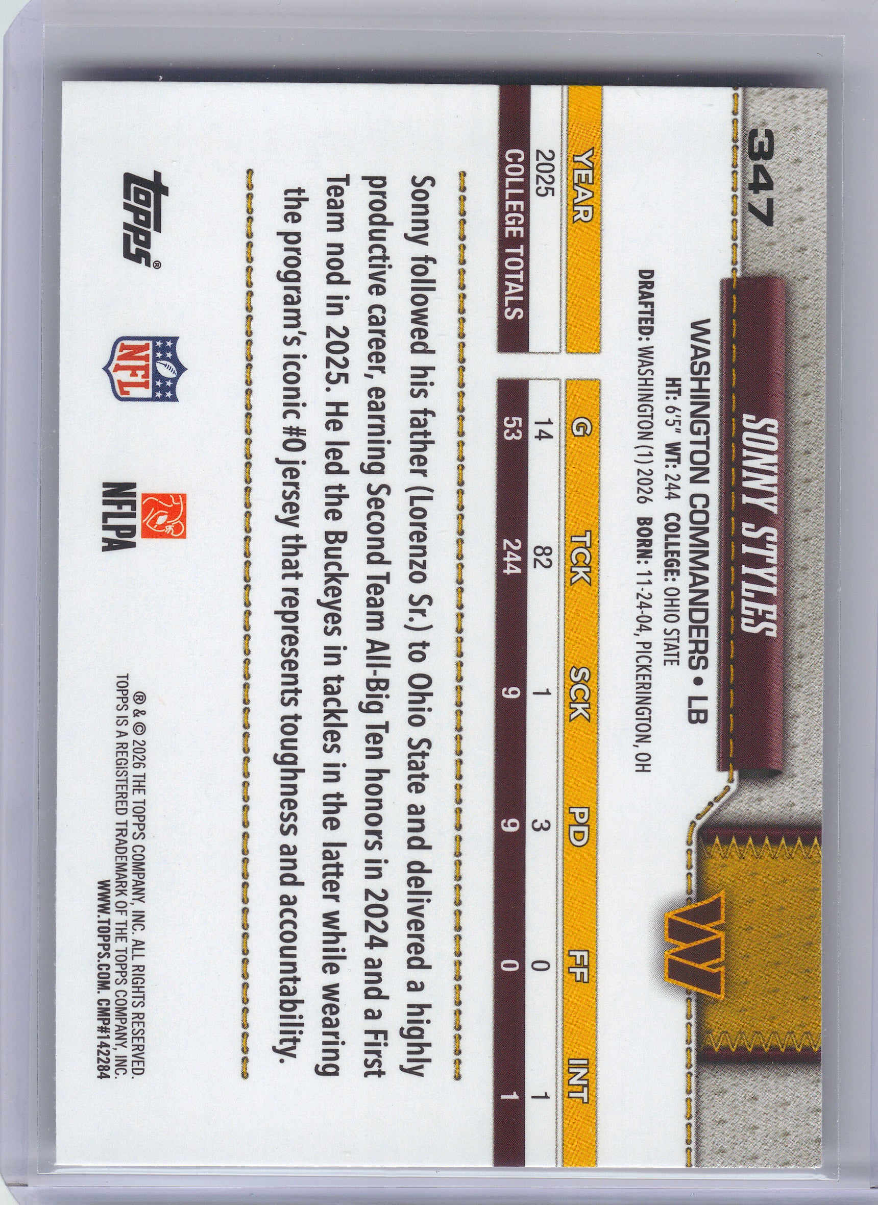 2026 Topps Flagship #347 Sonny Styles Washington Commanders RC