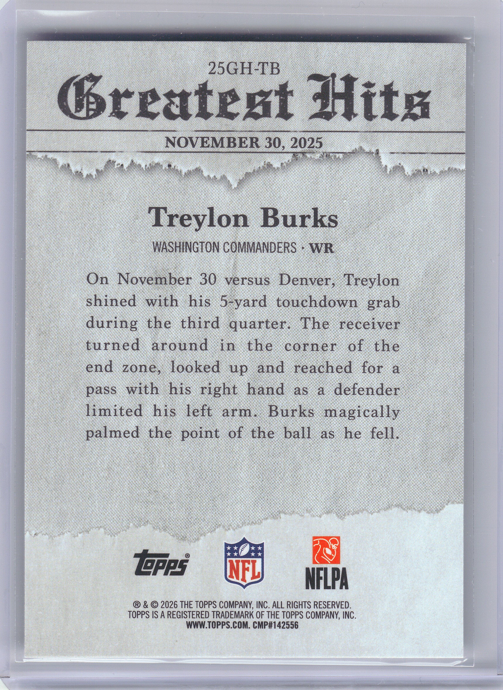 2026 Topps Flagship #25GH-TB Treylon Burks 2025 Greatest Hits Washington Commanders