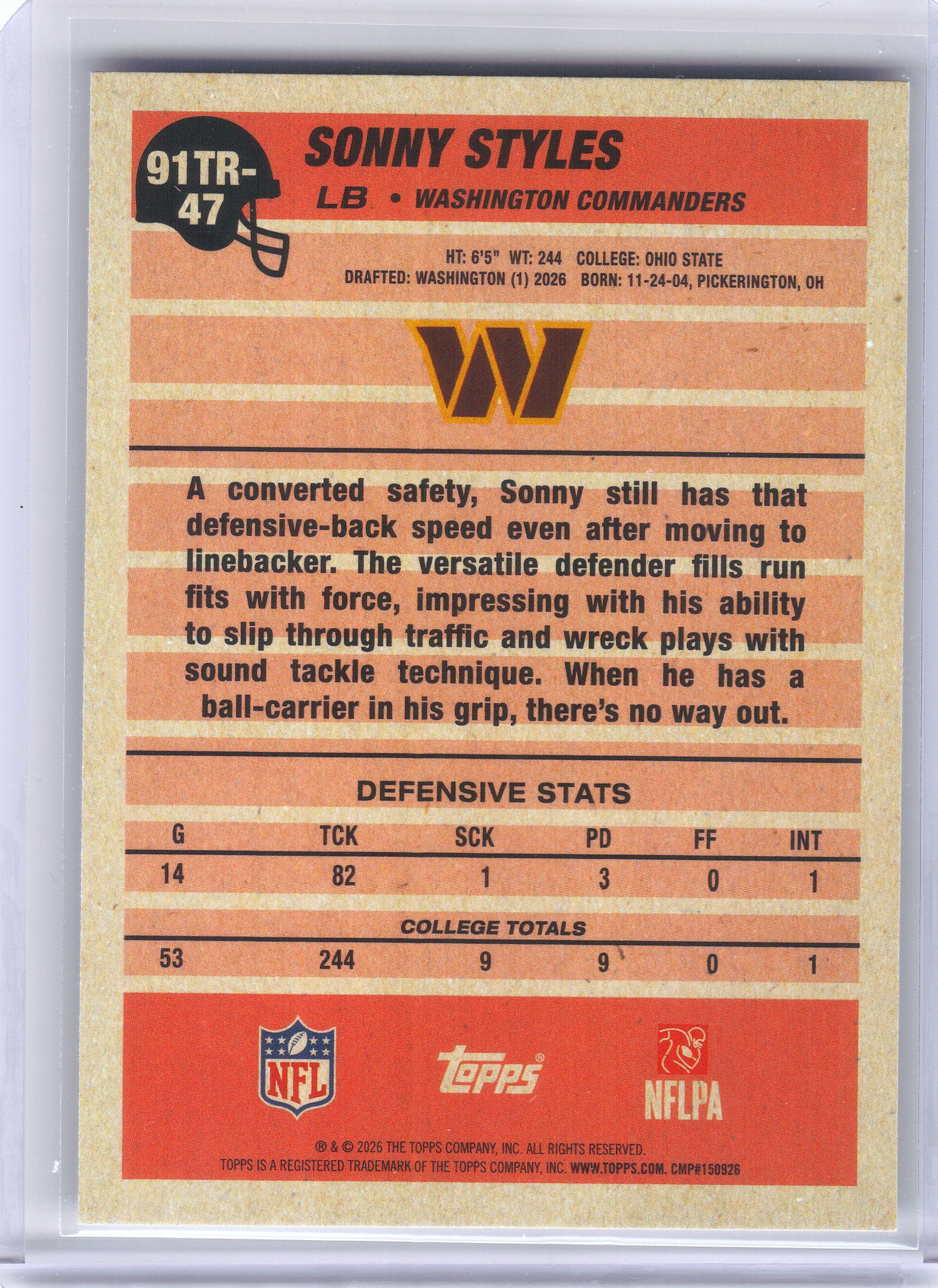 2026 Topps Flagship #91TR-47 Sonny Styles 1991 Topps Football Rookies Washington Commanders
